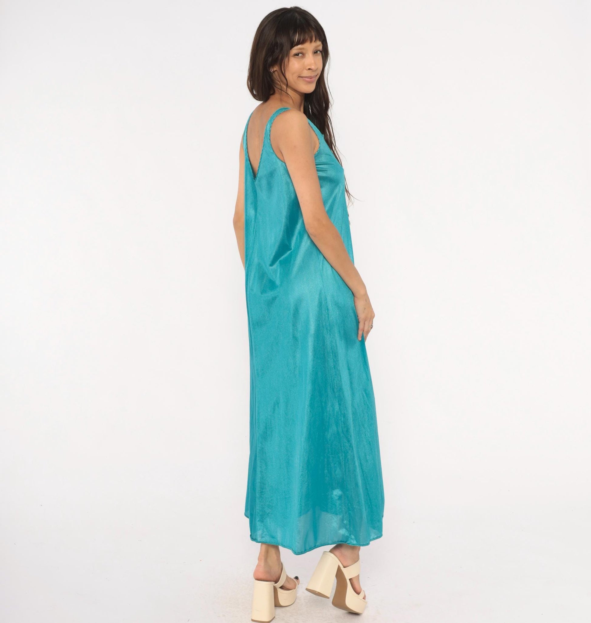 70s Undercover Wear Teal Maxi Nightgown Butterfly Mesh V-Neck Small