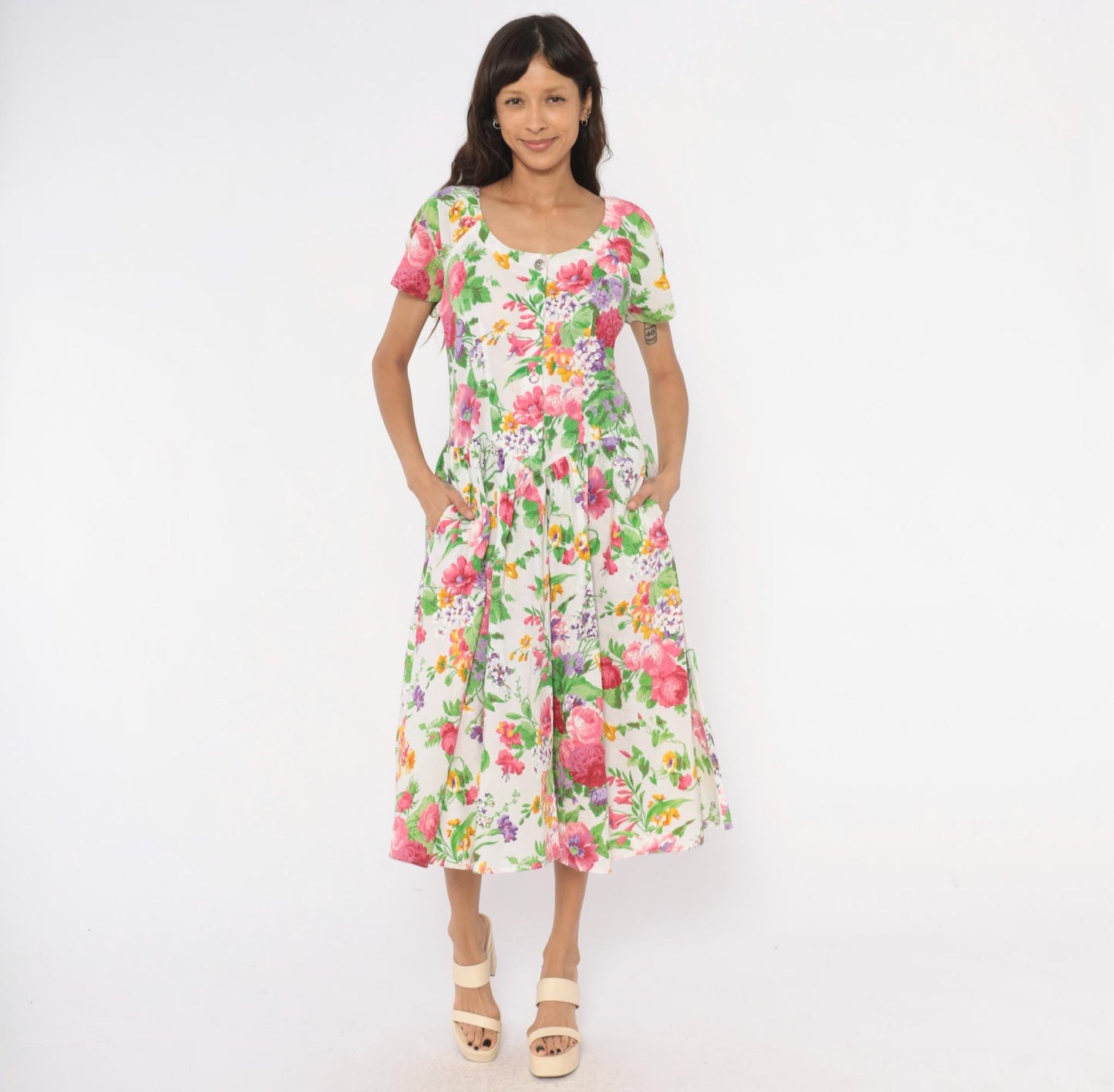80s Dawn Joy Fashions Floral Midi Dress Cotton Pink Rose Garden Print Medium