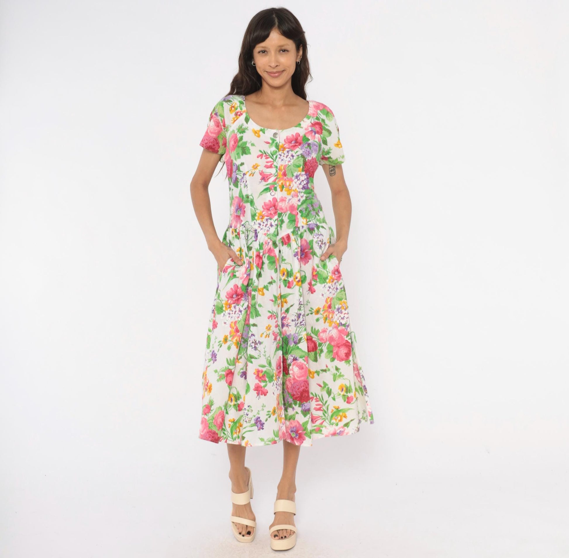 80s Dawn Joy Fashions Floral Midi Dress Cotton Pink Rose Garden Print Medium