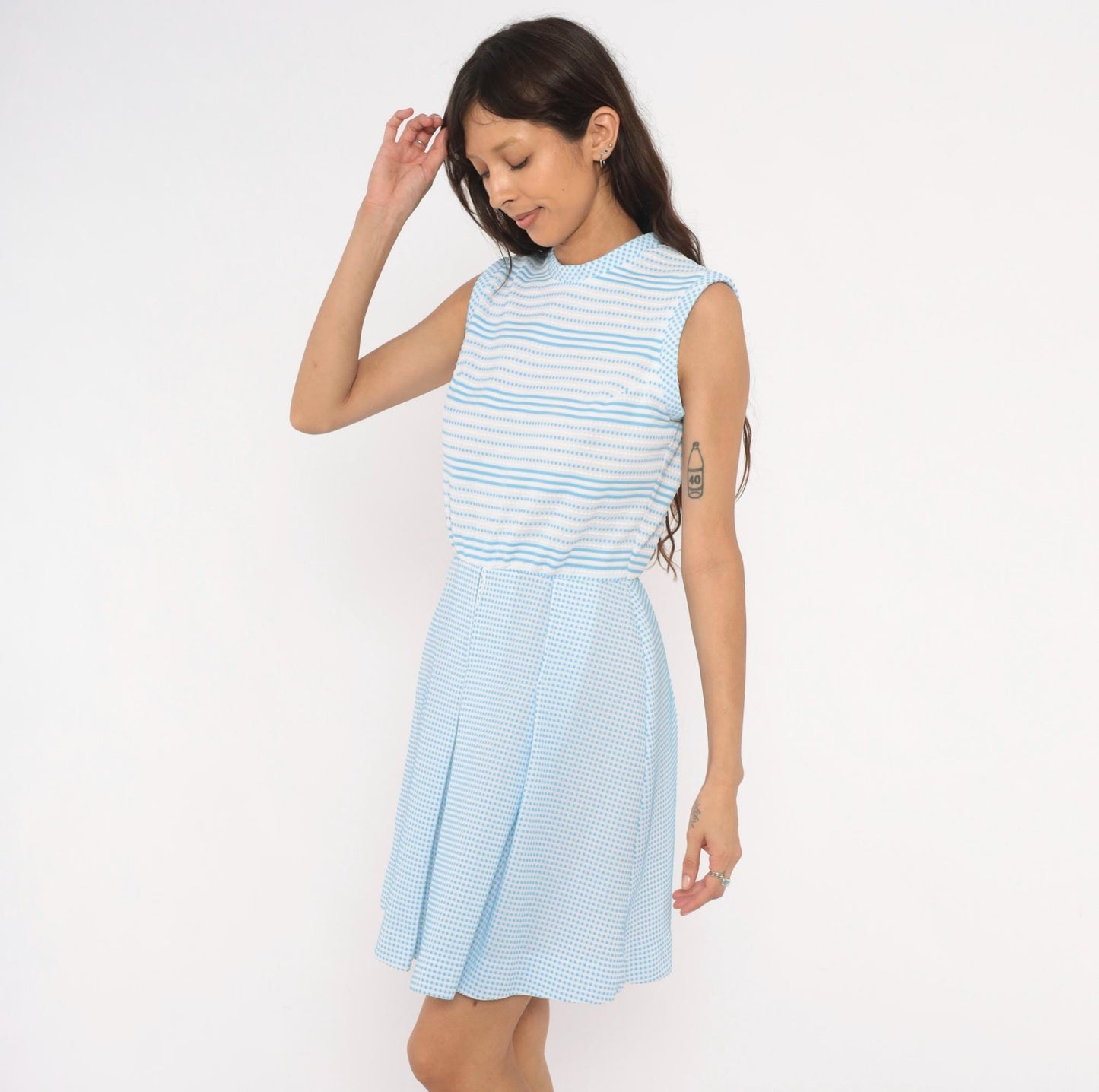 70s Vicky Vaughn Gingham Stripe Dress Sky Blue White Peter Pan Collar Medium
