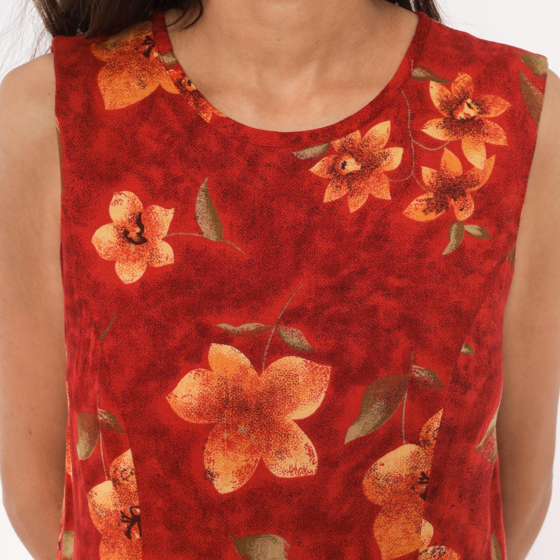 90s Olivia Rose Floral Maxi Dress Red Orange Sleeveless Keyhole Back Medium