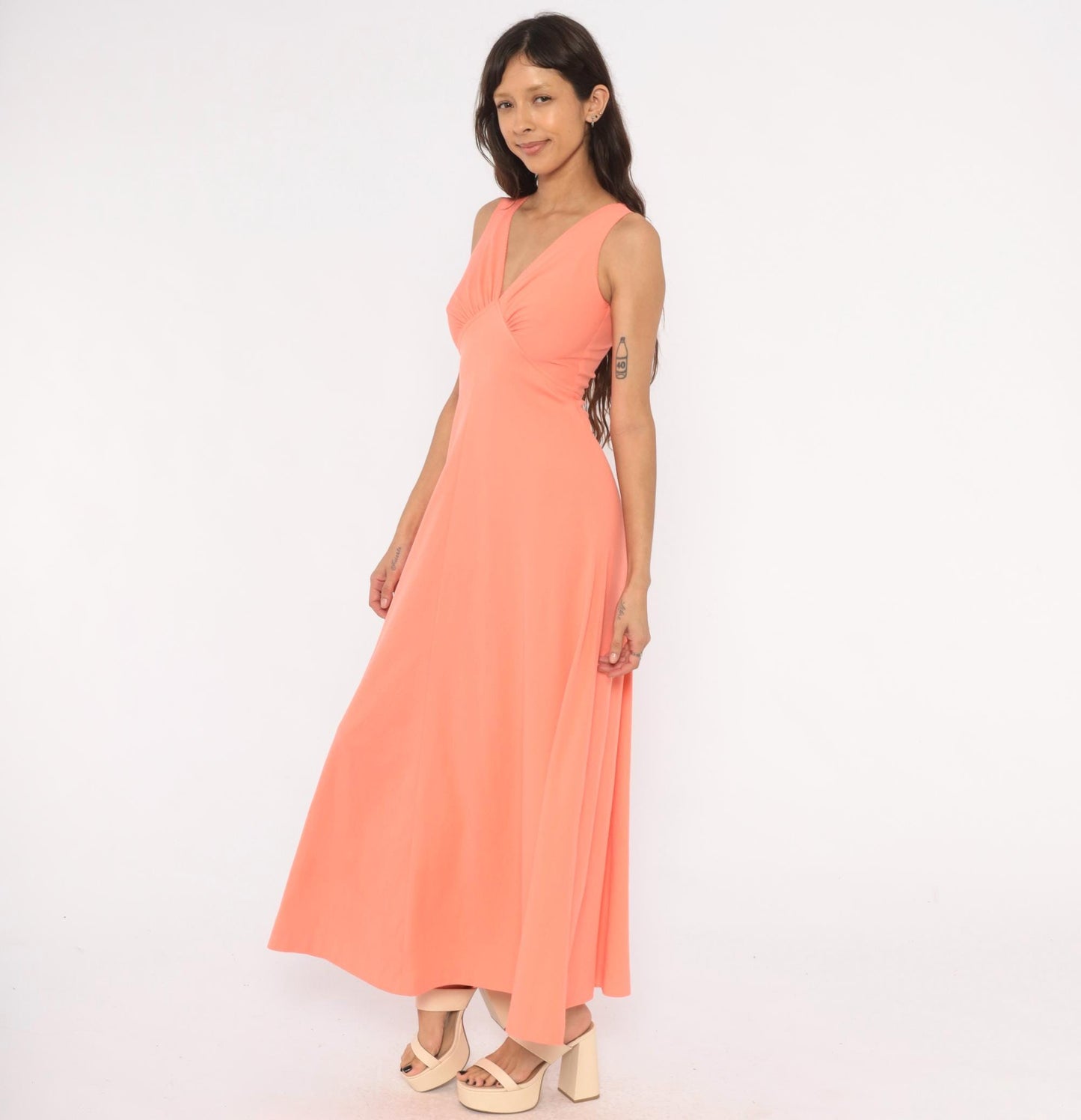 70s Coral Maxi Dress Sleeveless V Neck Empire Waist A-Line Small S