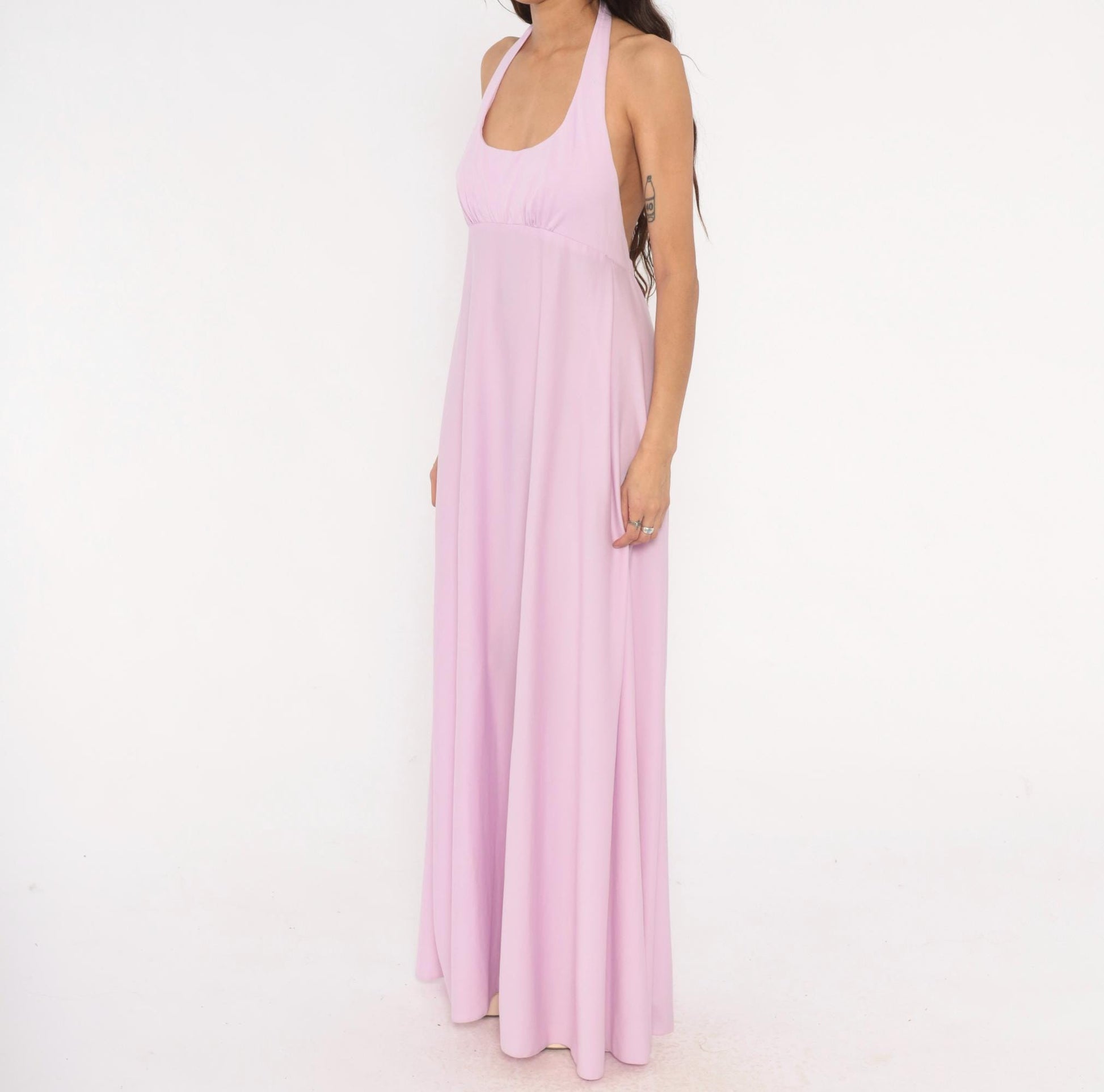 70s Lilac Halter Maxi Dress Empire Waist Open Back Floor Length Medium