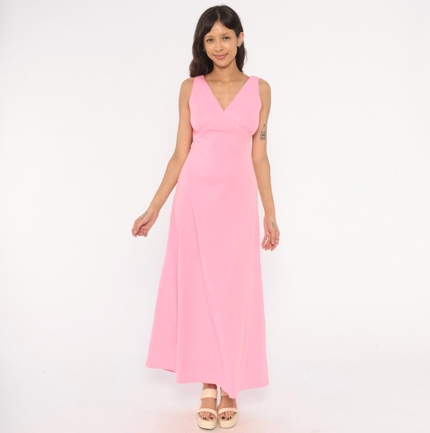 70s Bubblegum Pink Maxi Dress V Neck Empire Waist A Line Ankle Length Medium M