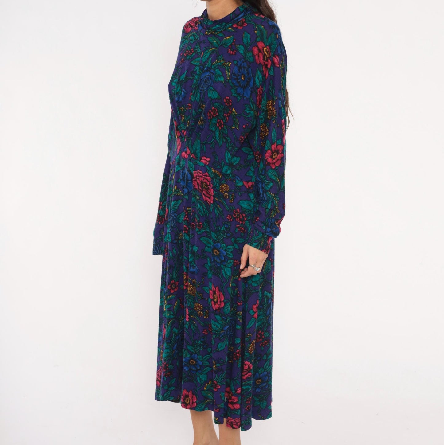 90s Alison J. Floral Mock Neck Midi Dress Purple Teal Long Sleeve Large L
