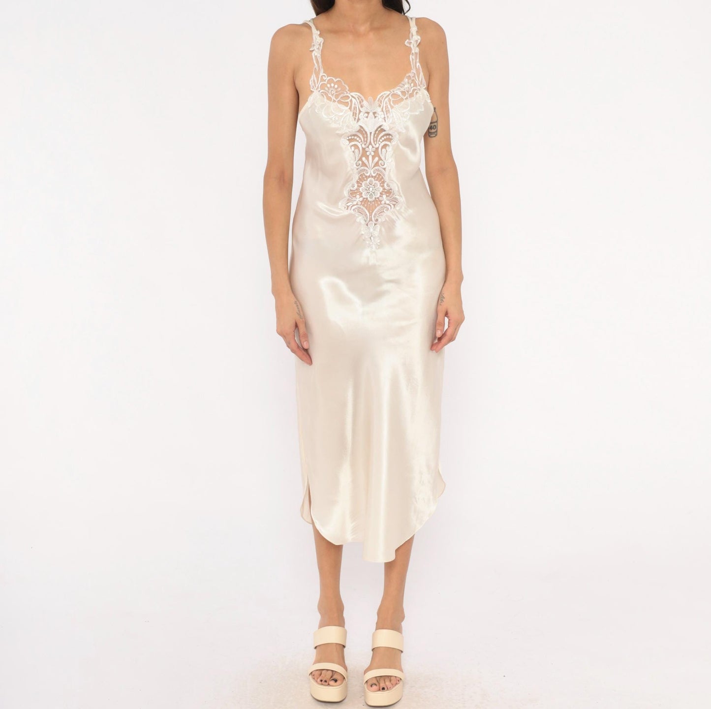 90s California Dynasty Cream Satin Slip Dress Floral Lace Cutwork Open Back Medium M