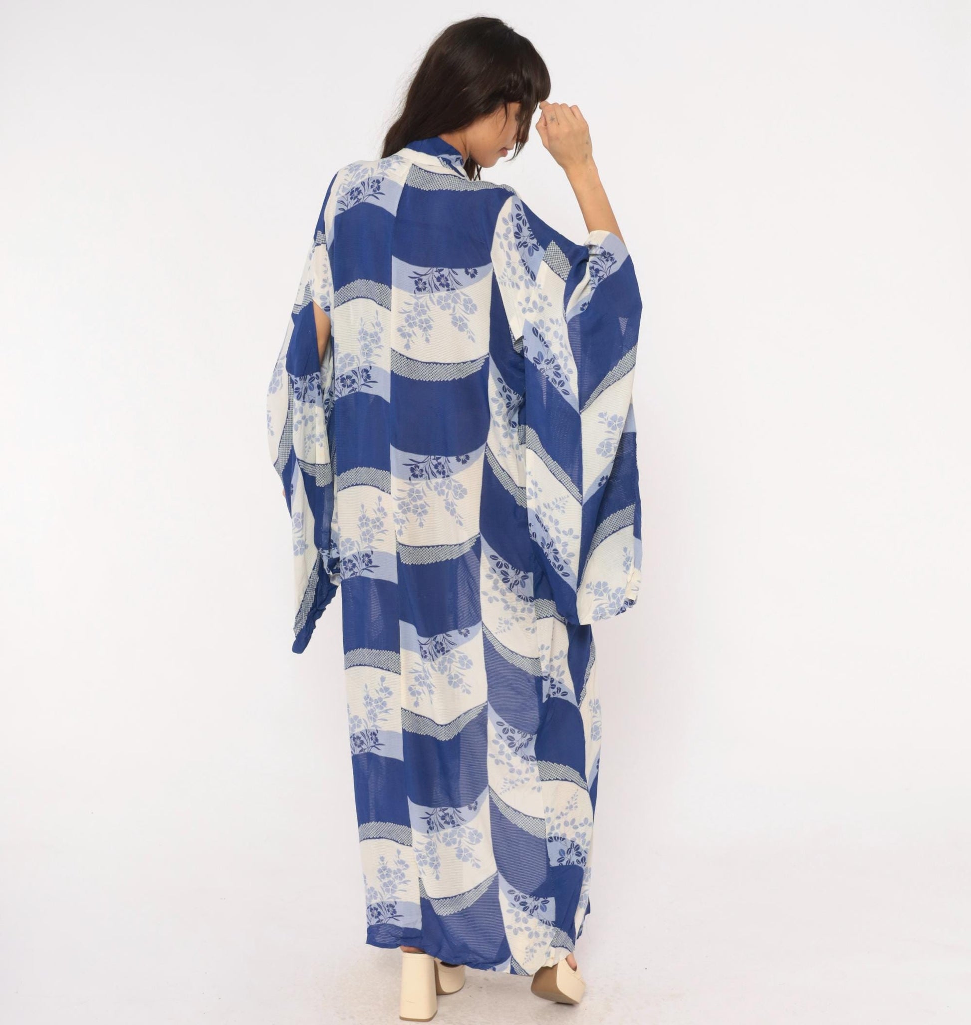 70s Japanese Kimono Robe Cobalt Blue Floral Maxi Open Front Small to Large
