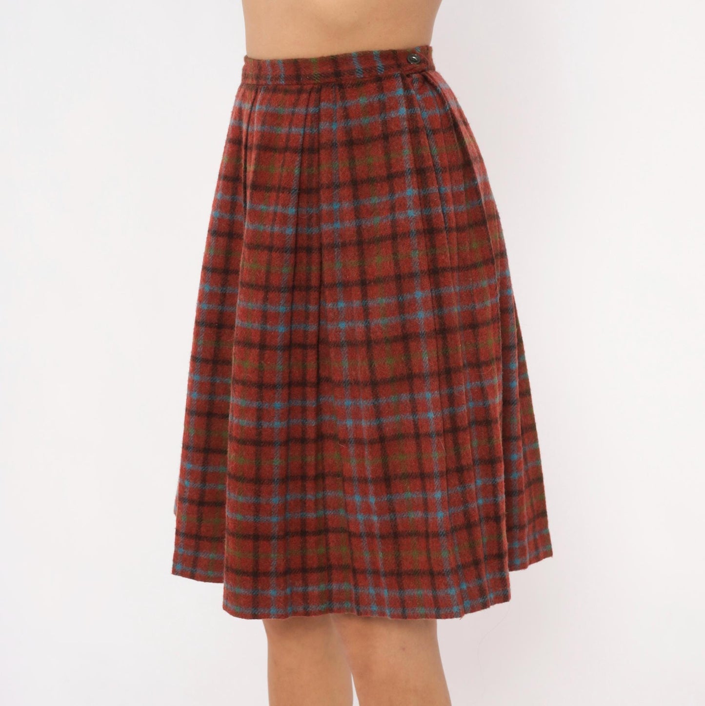 60s Mode O Day Wool Plaid Pleated Skirt Burgundy Tartan Knee-Length Extra Small XS