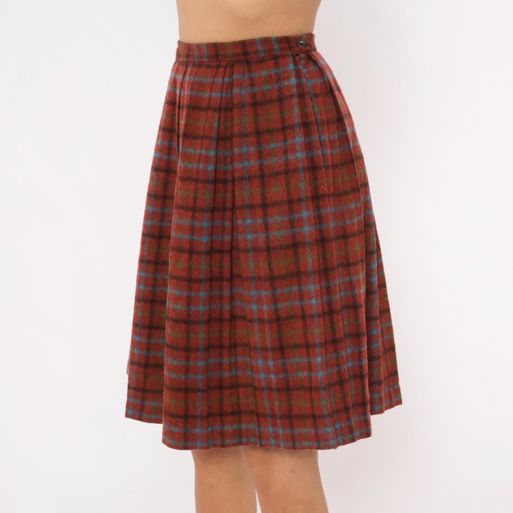60s Mode O Day Wool Plaid Pleated Skirt Burgundy Tartan Knee-Length Extra Small XS