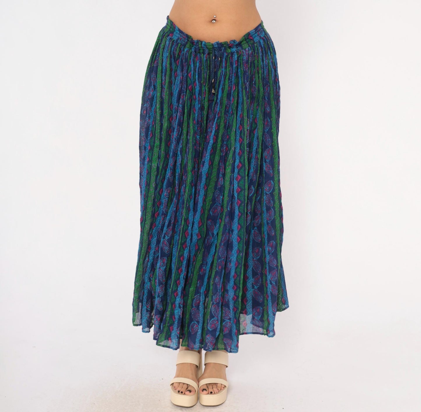 90s Via Max Broomstick Maxi Skirt Crushed Gauze Leaf Print Navy Multicolor Large L