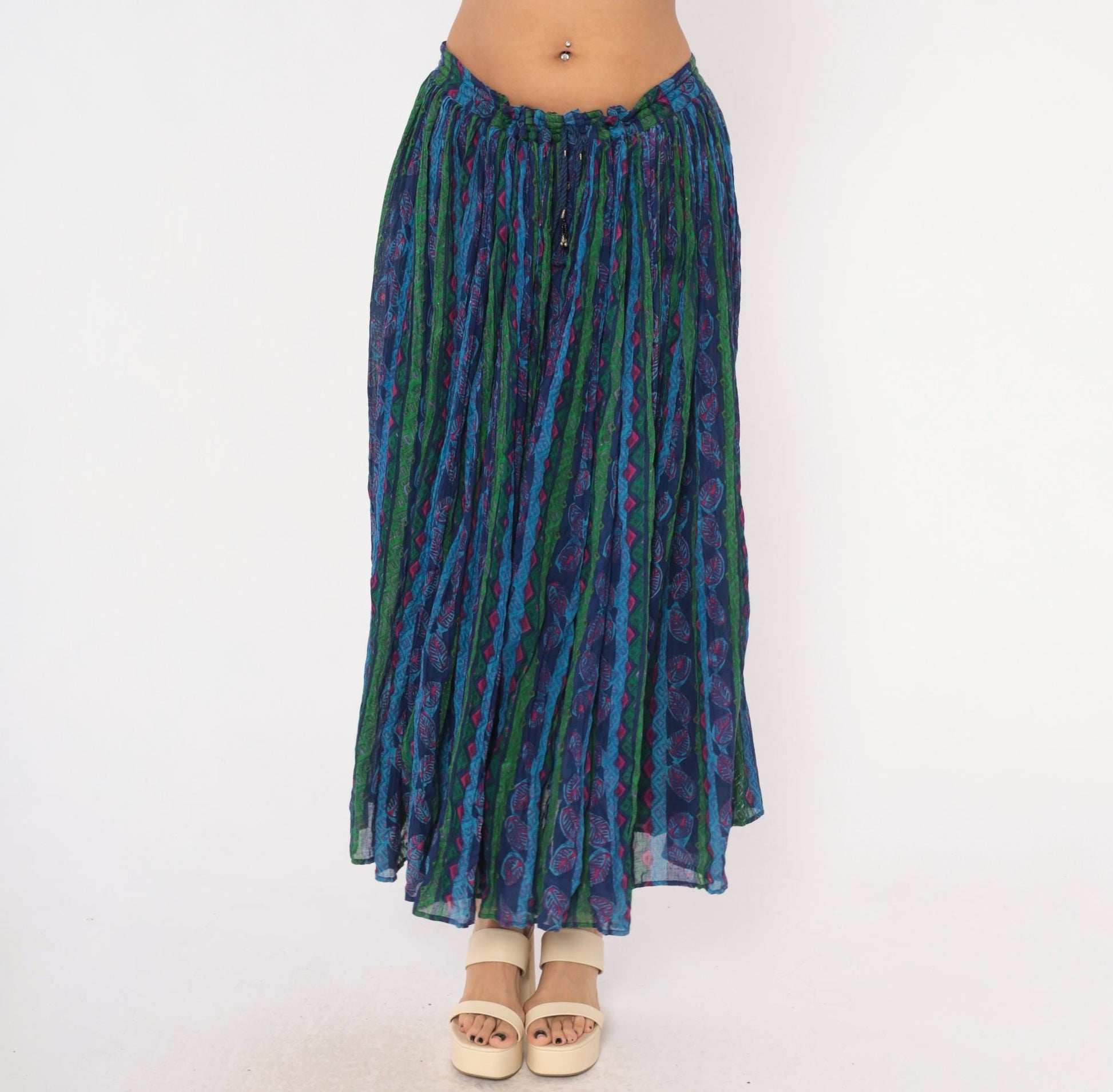 90s Via Max Broomstick Maxi Skirt Crushed Gauze Leaf Print Navy Multicolor Large L