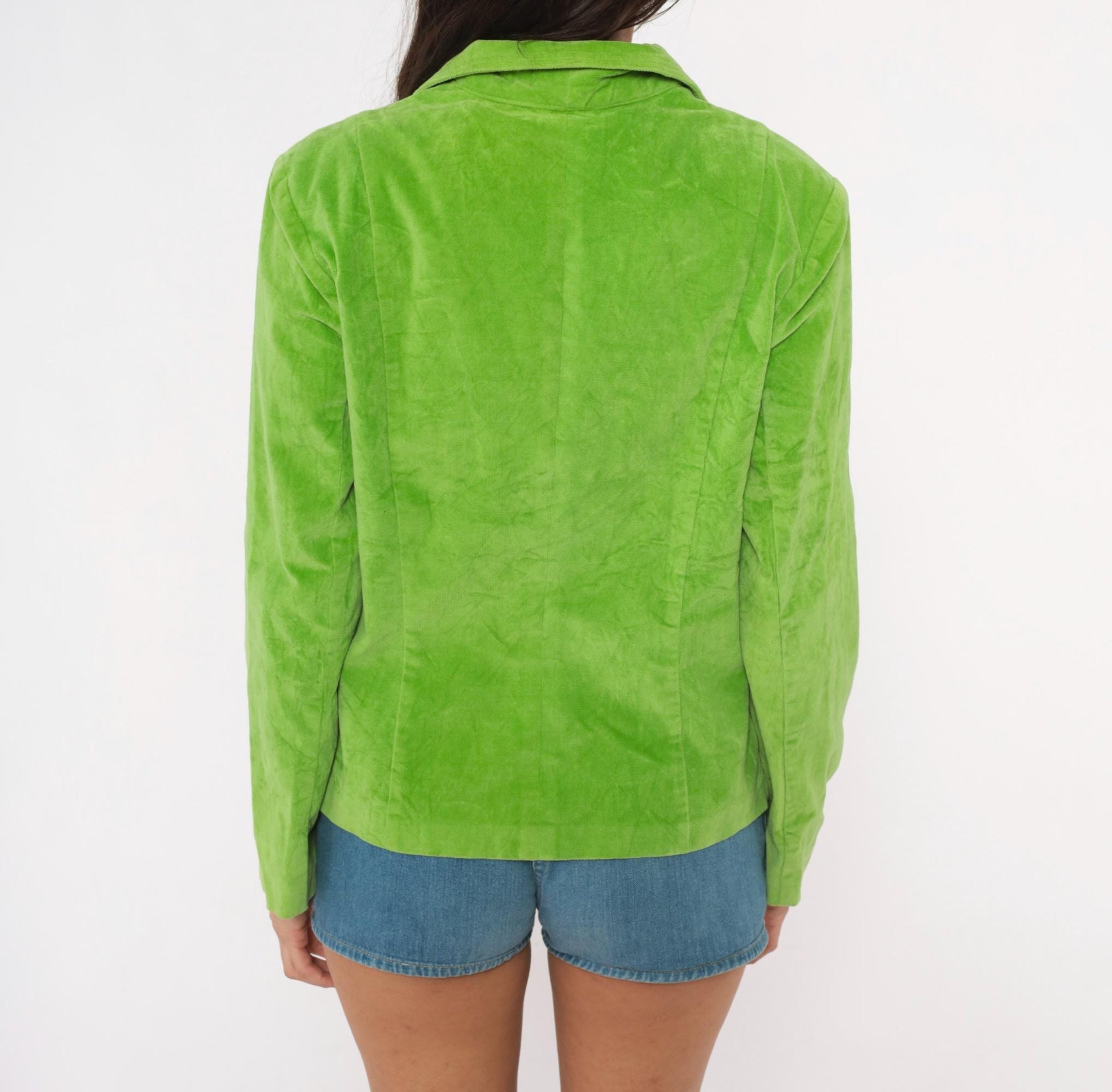 2000s RQT Lime Green Velvet Blazer Cotton Fitted Two-Button Jacket Large L