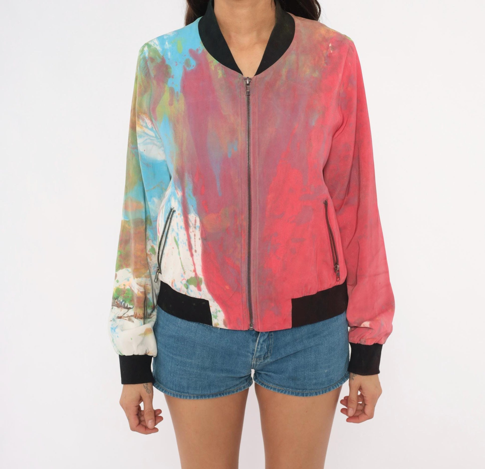 2000s Mural Paint Splatter Bomber Jacket Multicolor Abstract Zip Front Medium