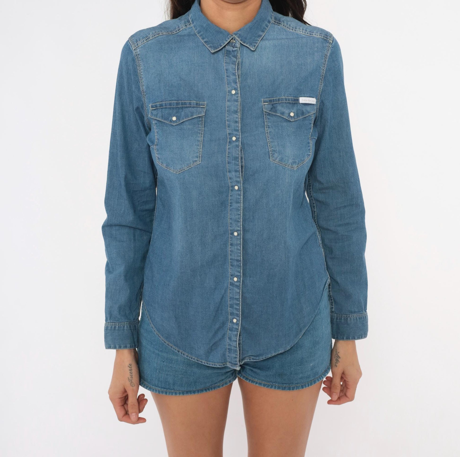 Calvin Klein Jeans Denim Shirt Western Snap Button Blue Chambray Small S