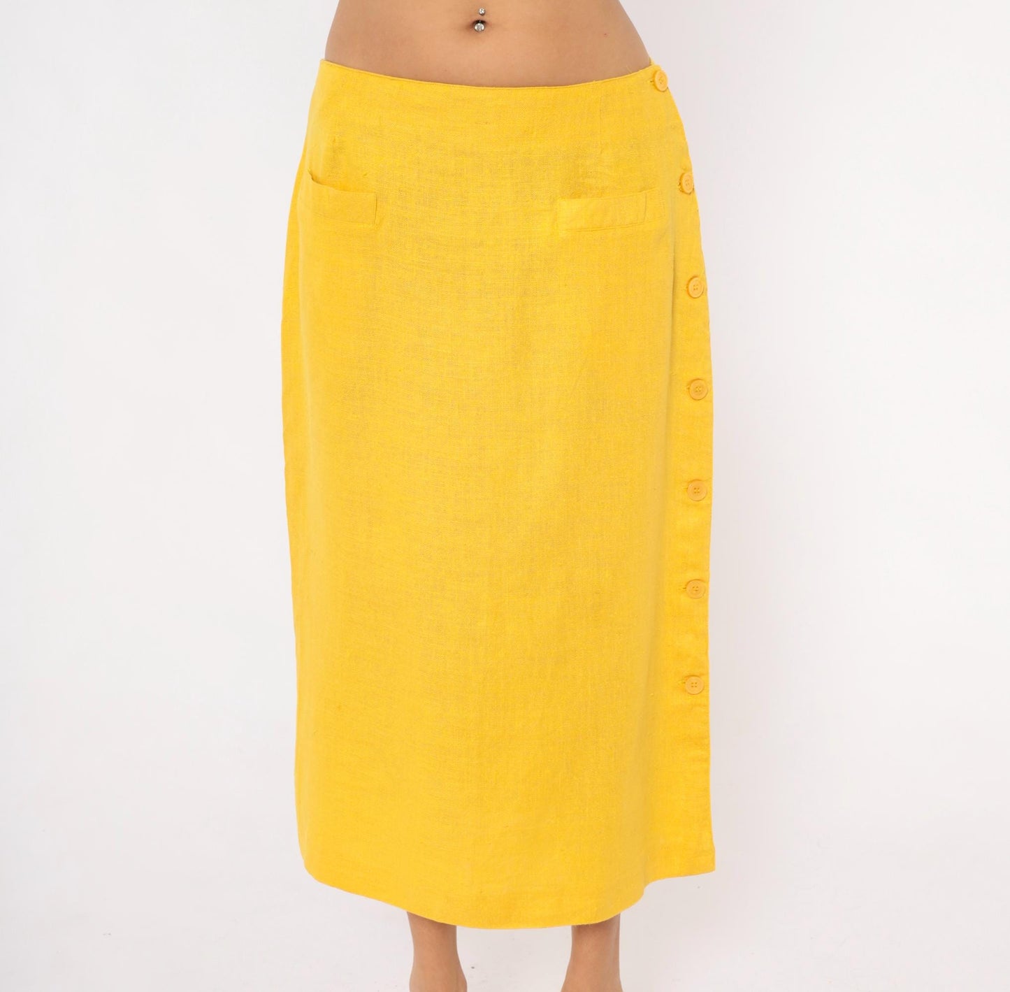 80s Ta. Whitney Linen Midi Skirt Golden Yellow A-Line Large L