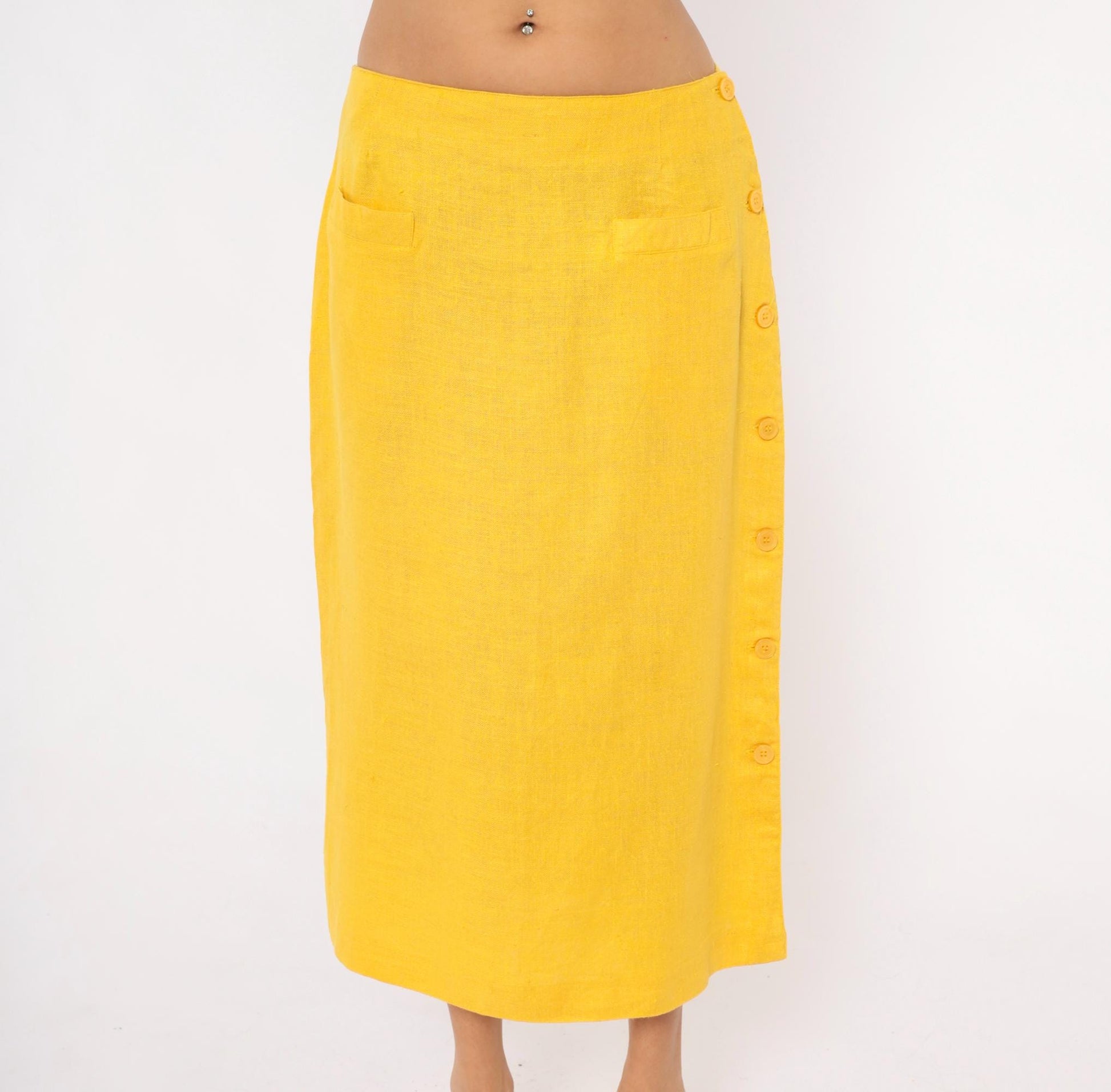 80s Ta. Whitney Linen Midi Skirt Golden Yellow A-Line Large L