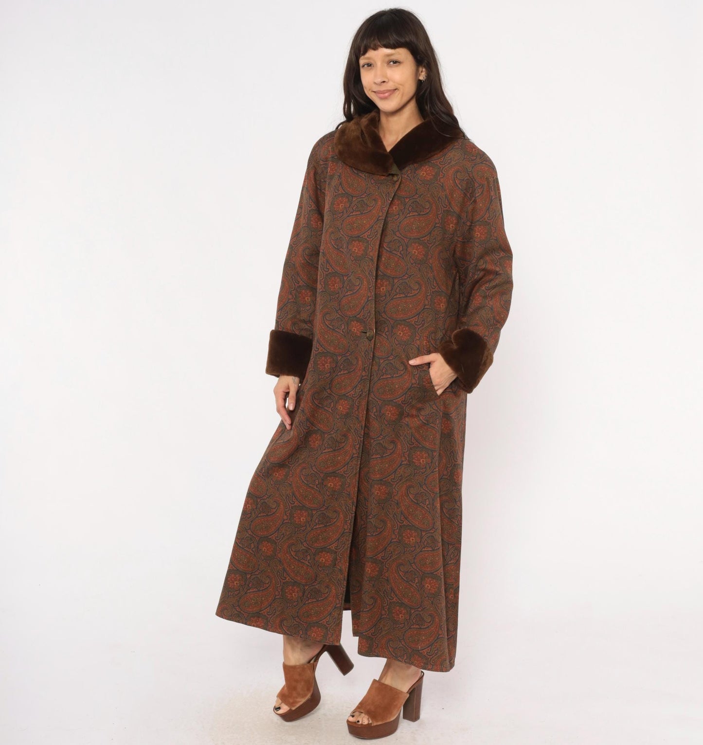 1970s Bill Blass Paisley Wool Maxi Coat Fur Collar Brown Olive Medium M