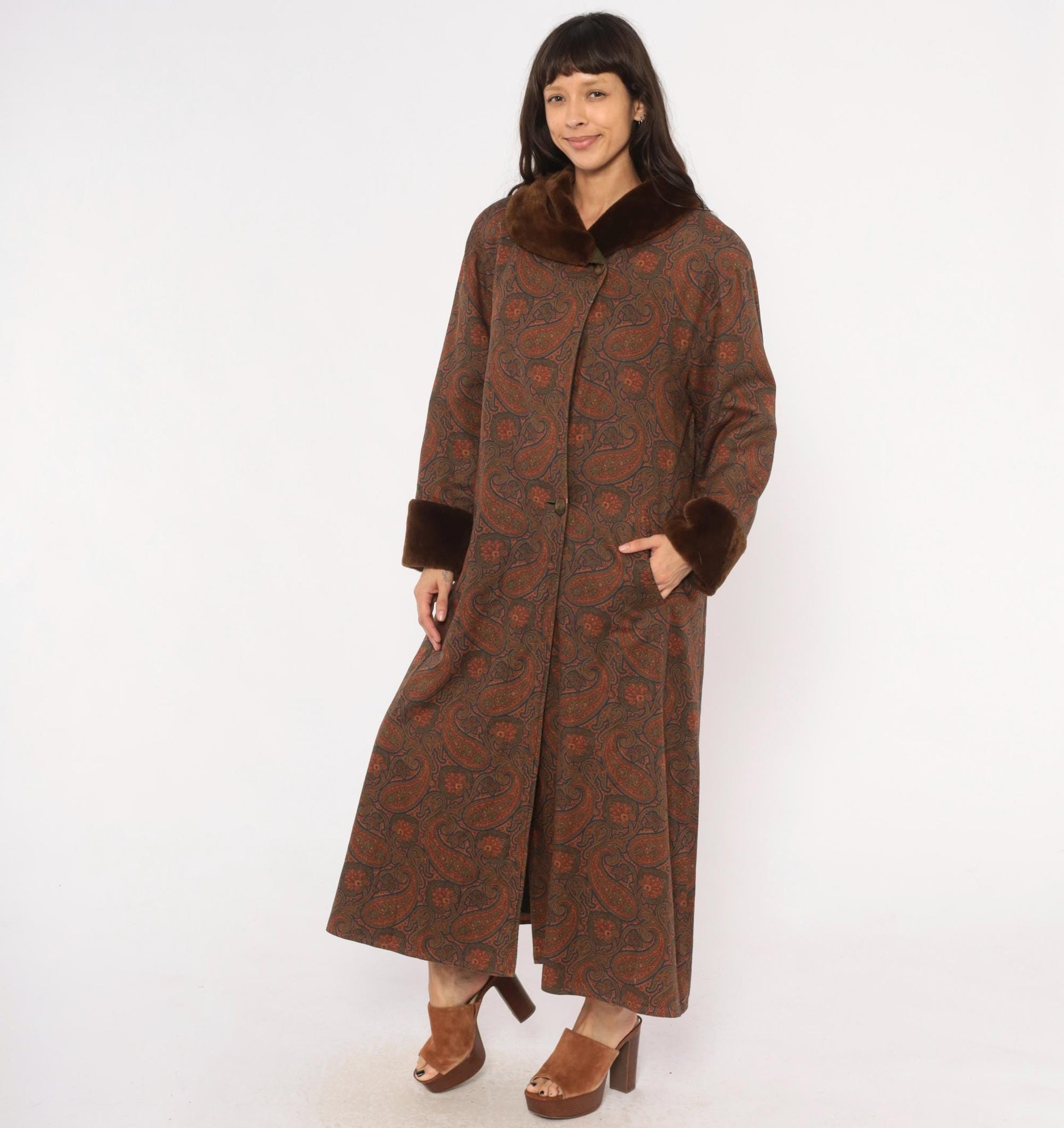 1970s Bill Blass Paisley Wool Maxi Coat Fur Collar Brown Olive Medium M