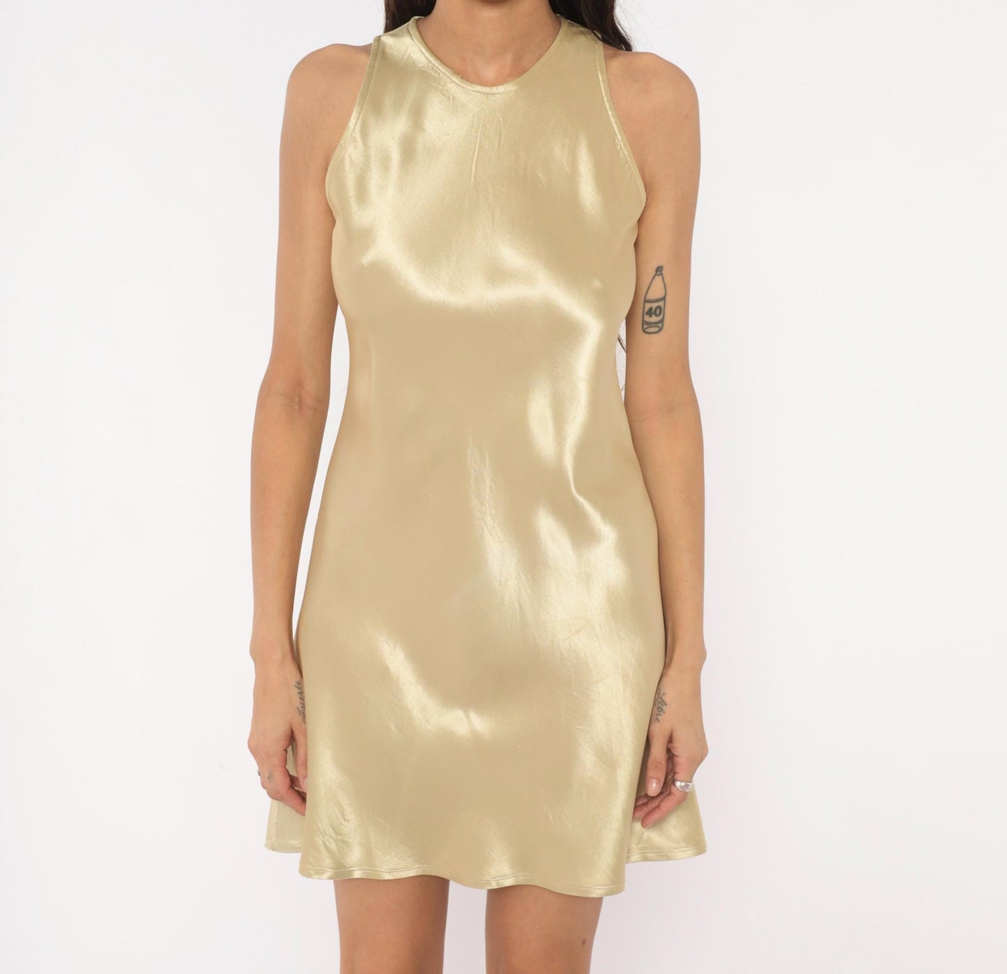 90s All That Jazz Gold Satin Mini Dress Sleeveless Shift Extra Small XS