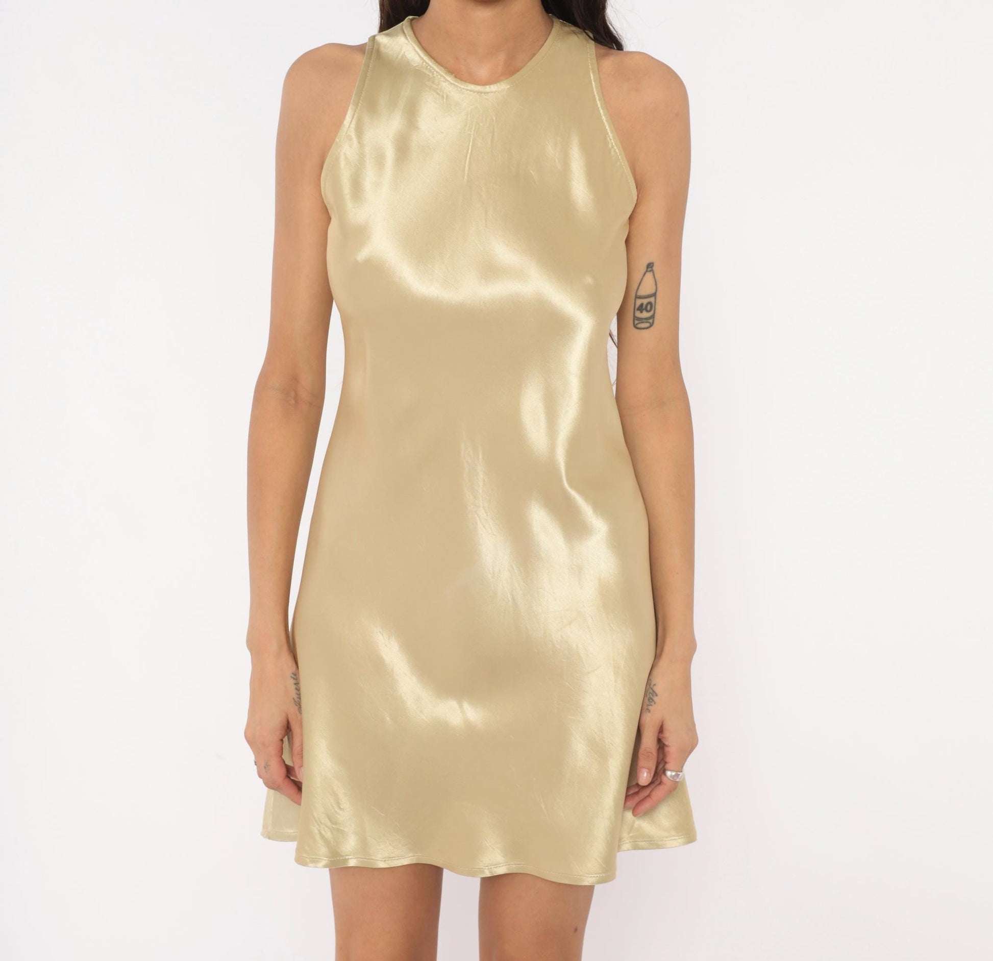 90s All That Jazz Gold Satin Mini Dress Sleeveless Shift Extra Small XS