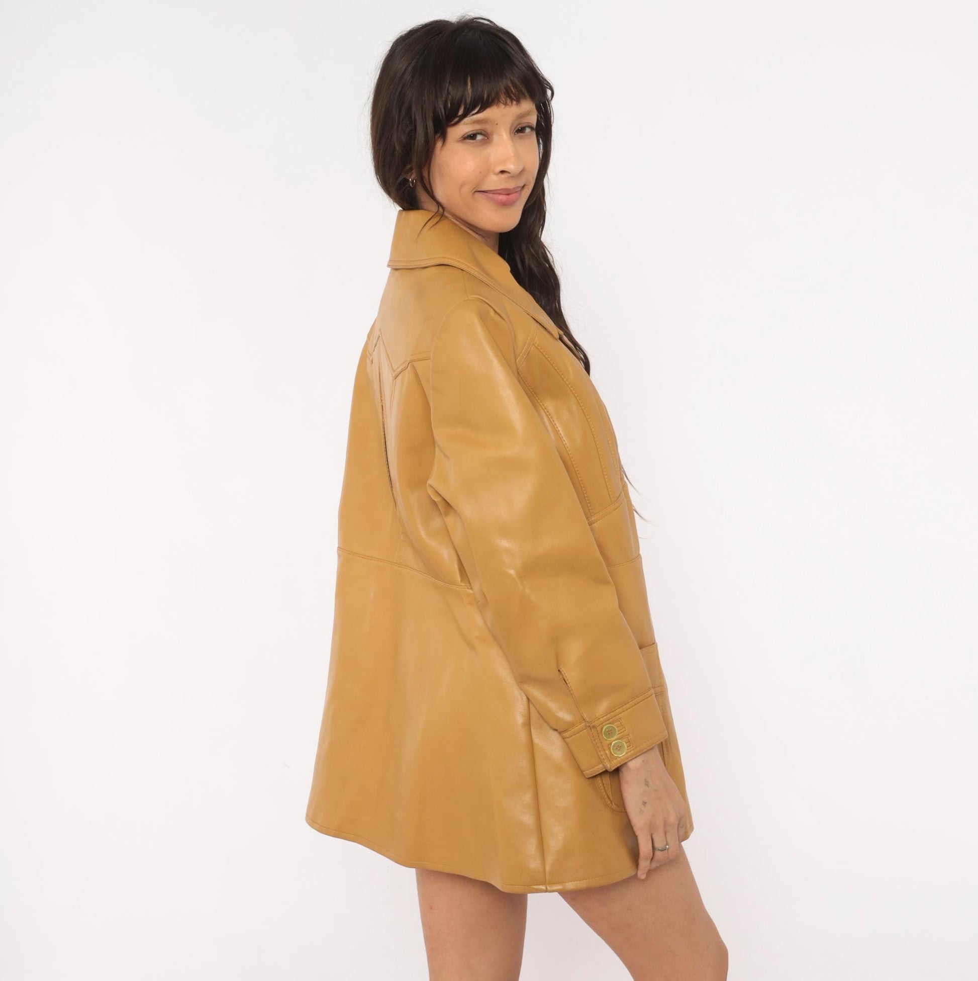 70s Mod-Maid Vinyl Coat Tan Button Front Notched Collar Mini Trench Large L