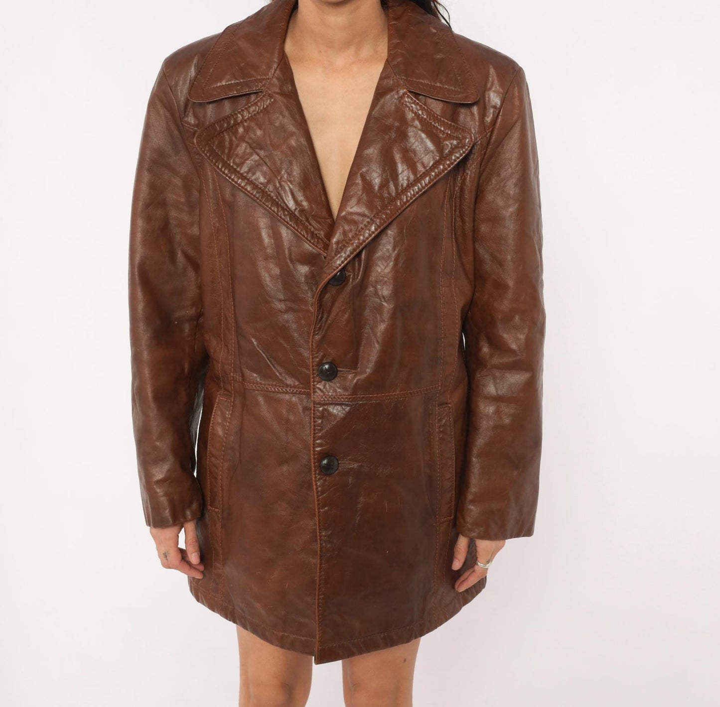 70s De Long Brown Leather Jacket Notched Lapel Belted Back Medium M