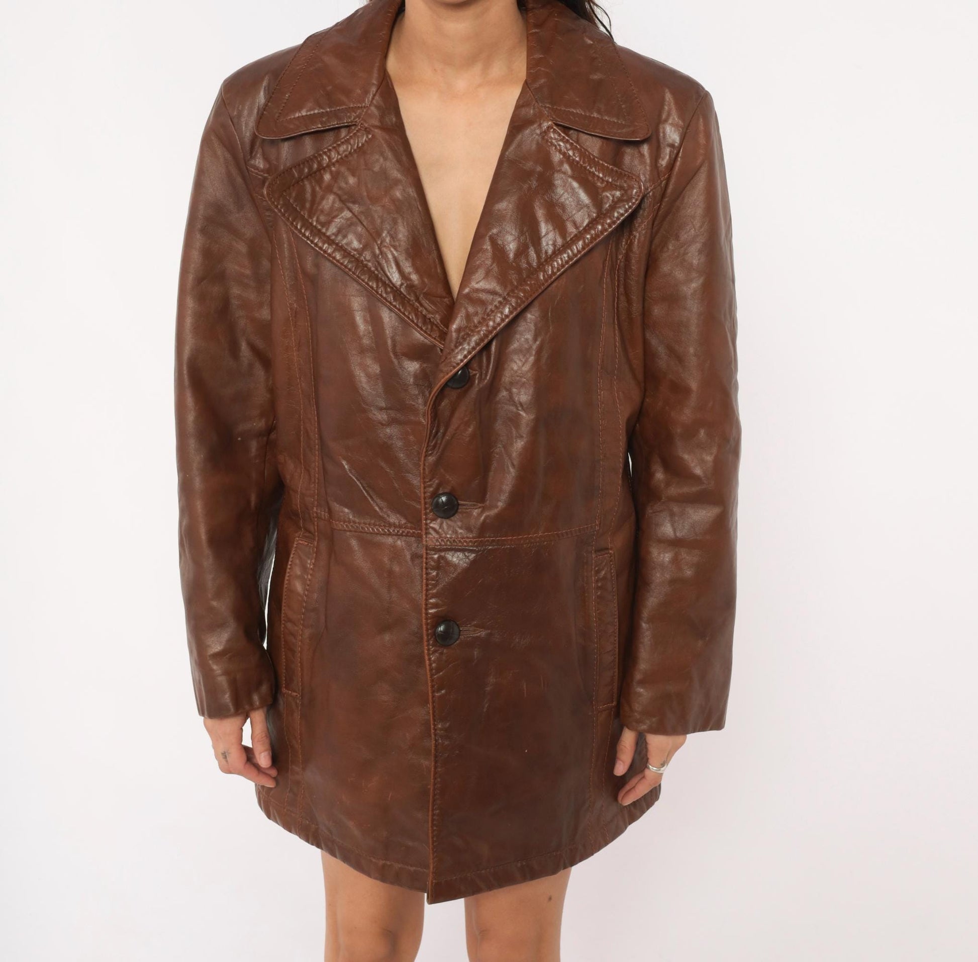 70s De Long Brown Leather Jacket Notched Lapel Belted Back Medium M