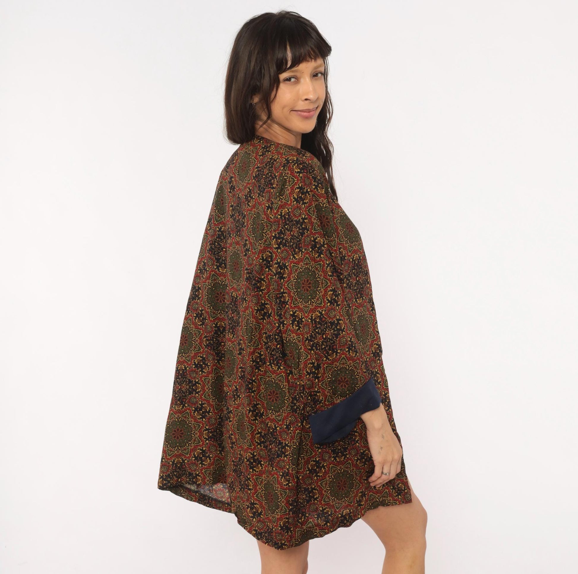 90s Medallion Tapestry Robe Kimono Navy Red Olive Gold Duster Large L