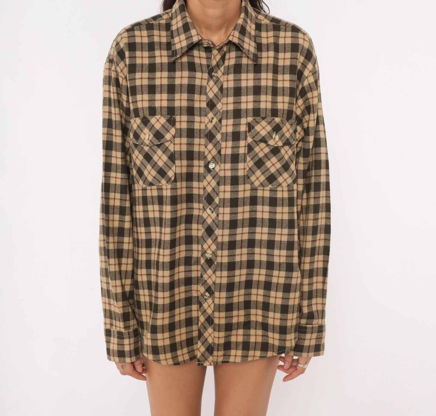 80s High Sierra Plaid Flannel Shirt Tan Brown Check Large L