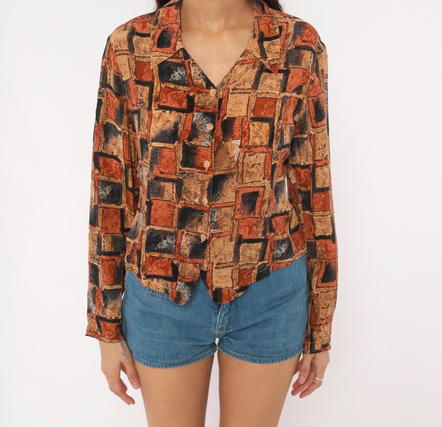 90s Quo-Silk Abstract Geometric Silk Blouse Cropped Rust Tan Small S