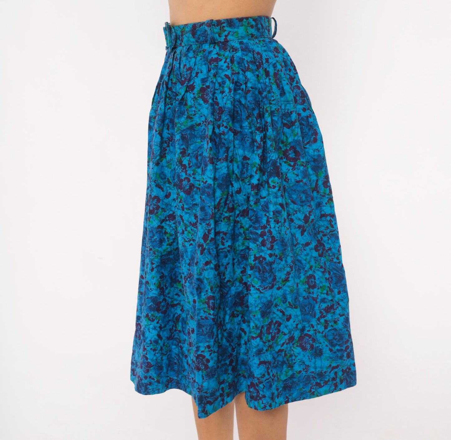 60s Batik Floral Pleated Skirt Cobalt Blue Purple Cotton High Waist Extra Small XS