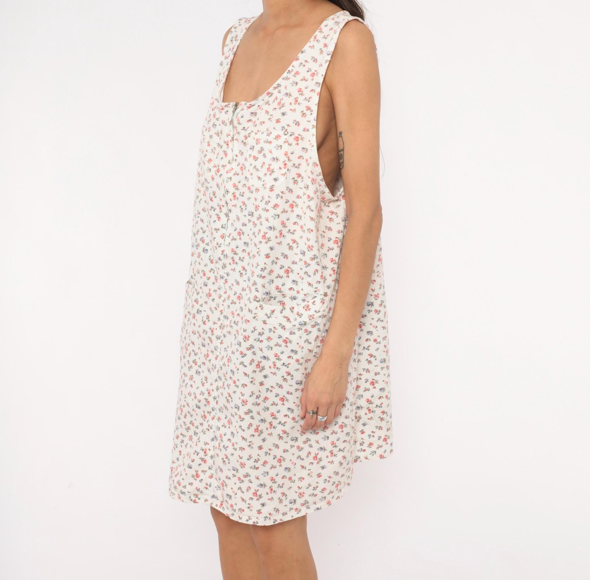 90s Take Nine Maternity Floral Jumper Dress White Cotton Knee-Length Large L