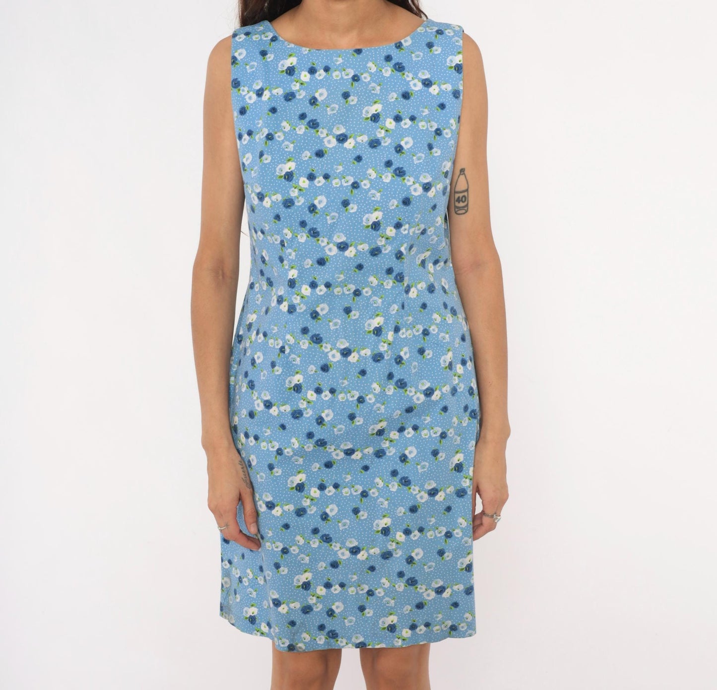 90s Cdc Floral Shift Dress Sky Blue Cotton Sleeveless Medium