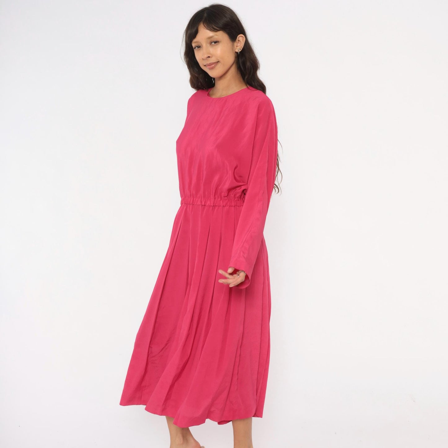 1980s J.Ellis II Fuchsia Midi Dress Blouson Waist Pleated Skirt Extra Large