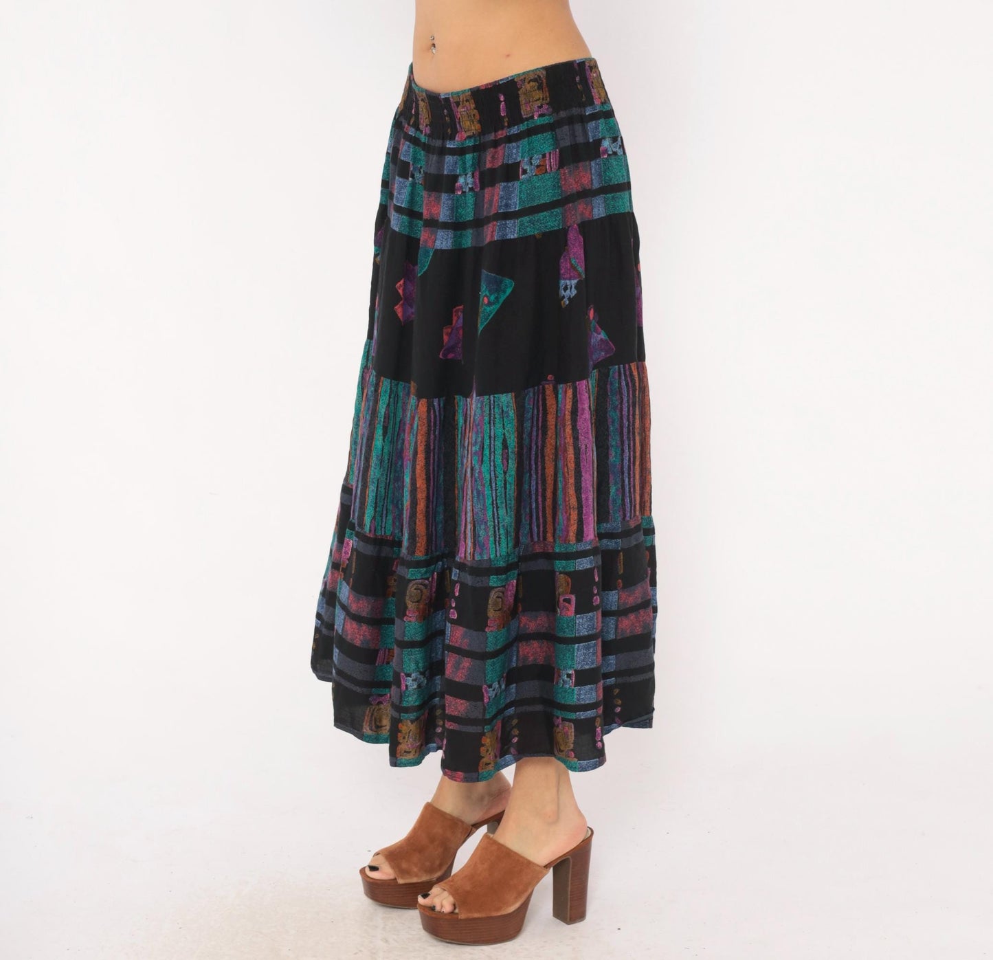 90s Adrian Jordan Tiered Maxi Skirt Black Teal Purple Geometric Plus Size XXL