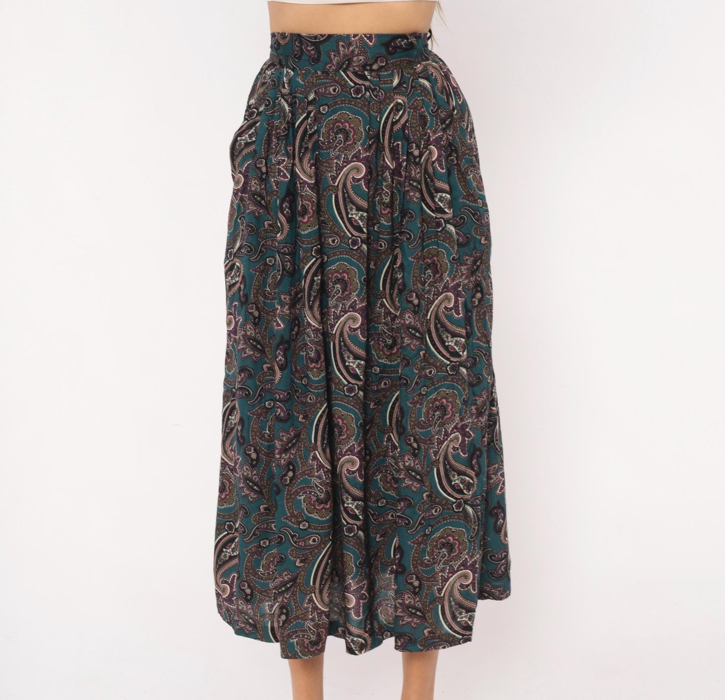 90s Words Paisley Pleated Midi Skirt Teal Pink Olive Extra Small XS