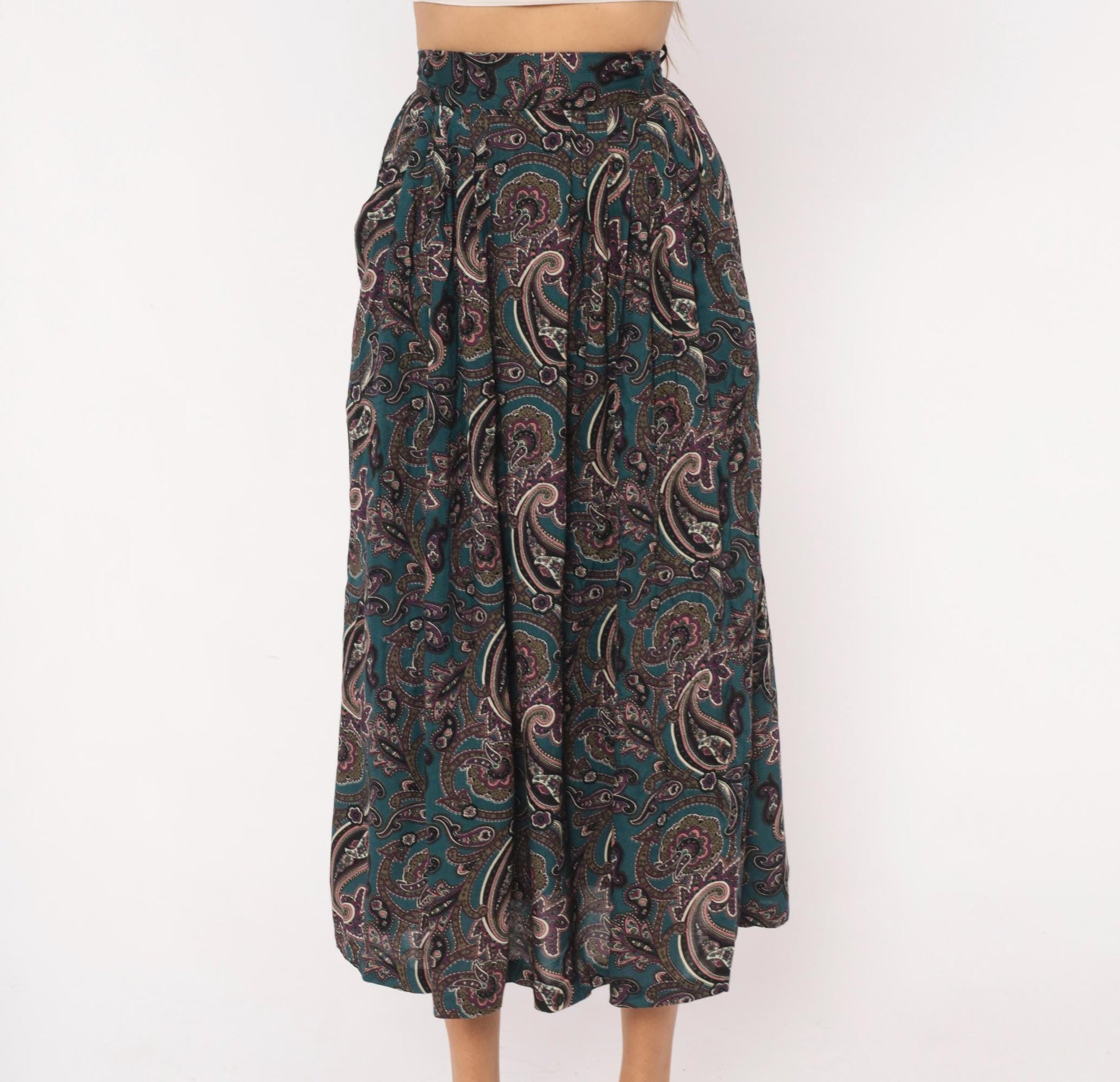 90s Words Paisley Pleated Midi Skirt Teal Pink Olive Extra Small XS