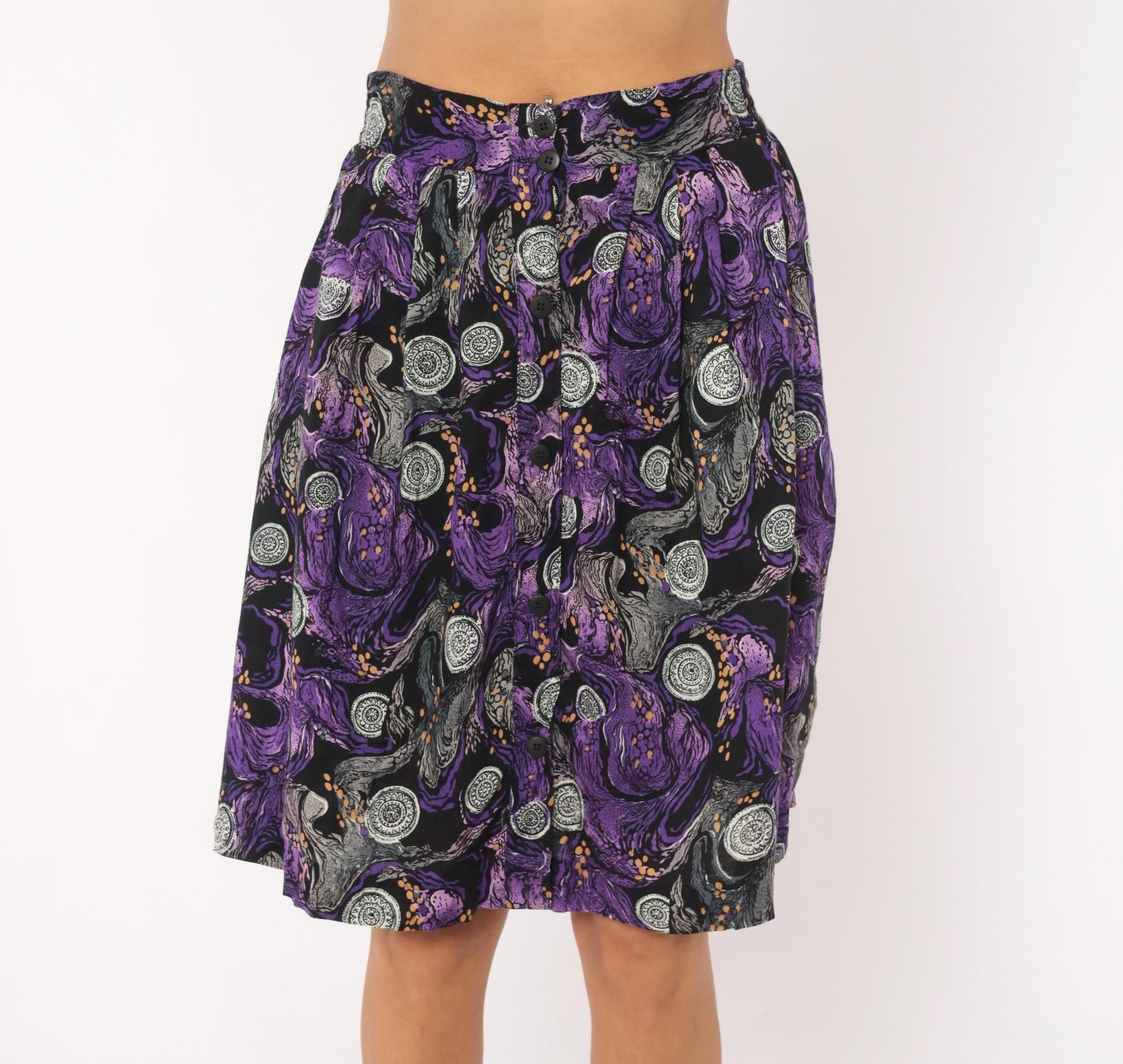 90s A Fine Line Abstract Swirl Mini Skirt Purple Button Front Small