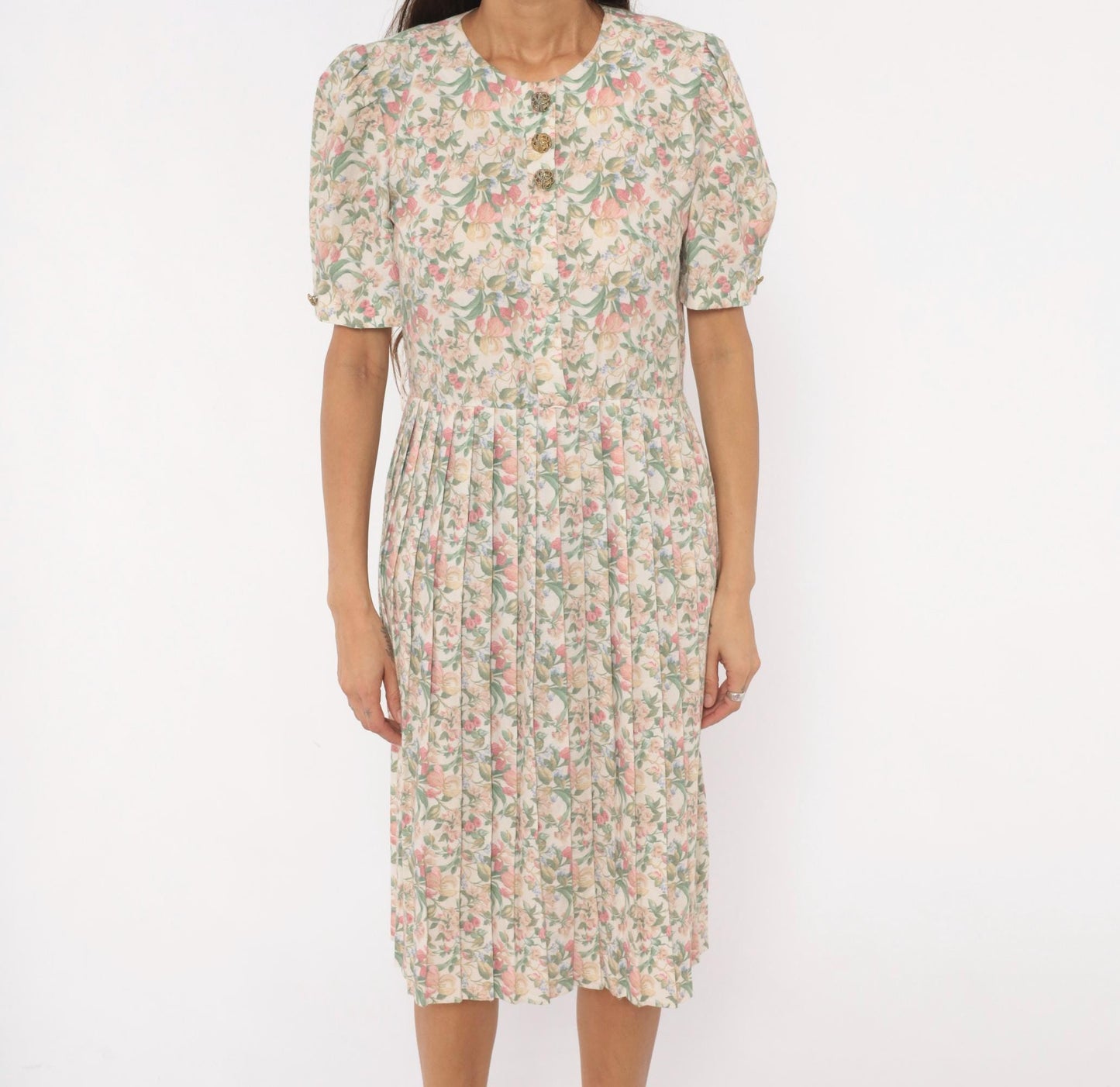 80s Jenny Petites Floral Puff Sleeve Dress Cream Pink Sage Small