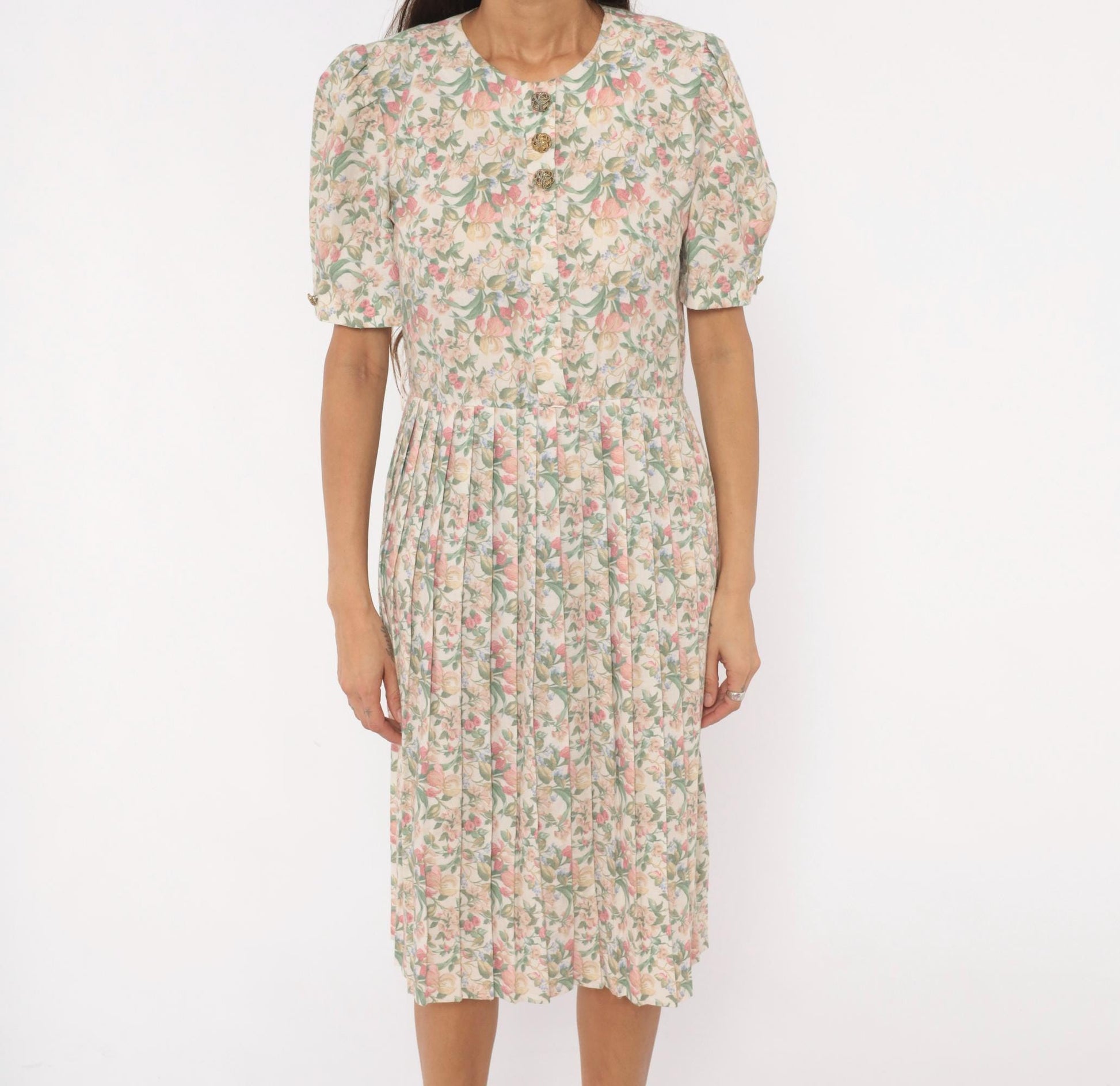 80s Jenny Petites Floral Puff Sleeve Dress Cream Pink Sage Small