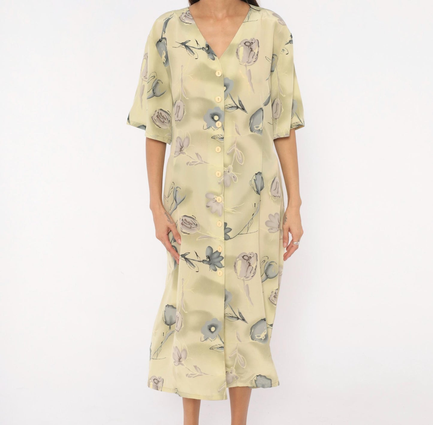90s Voir Floral Button Front Midi Dress Olive Watercolor Print Plus Size XXL