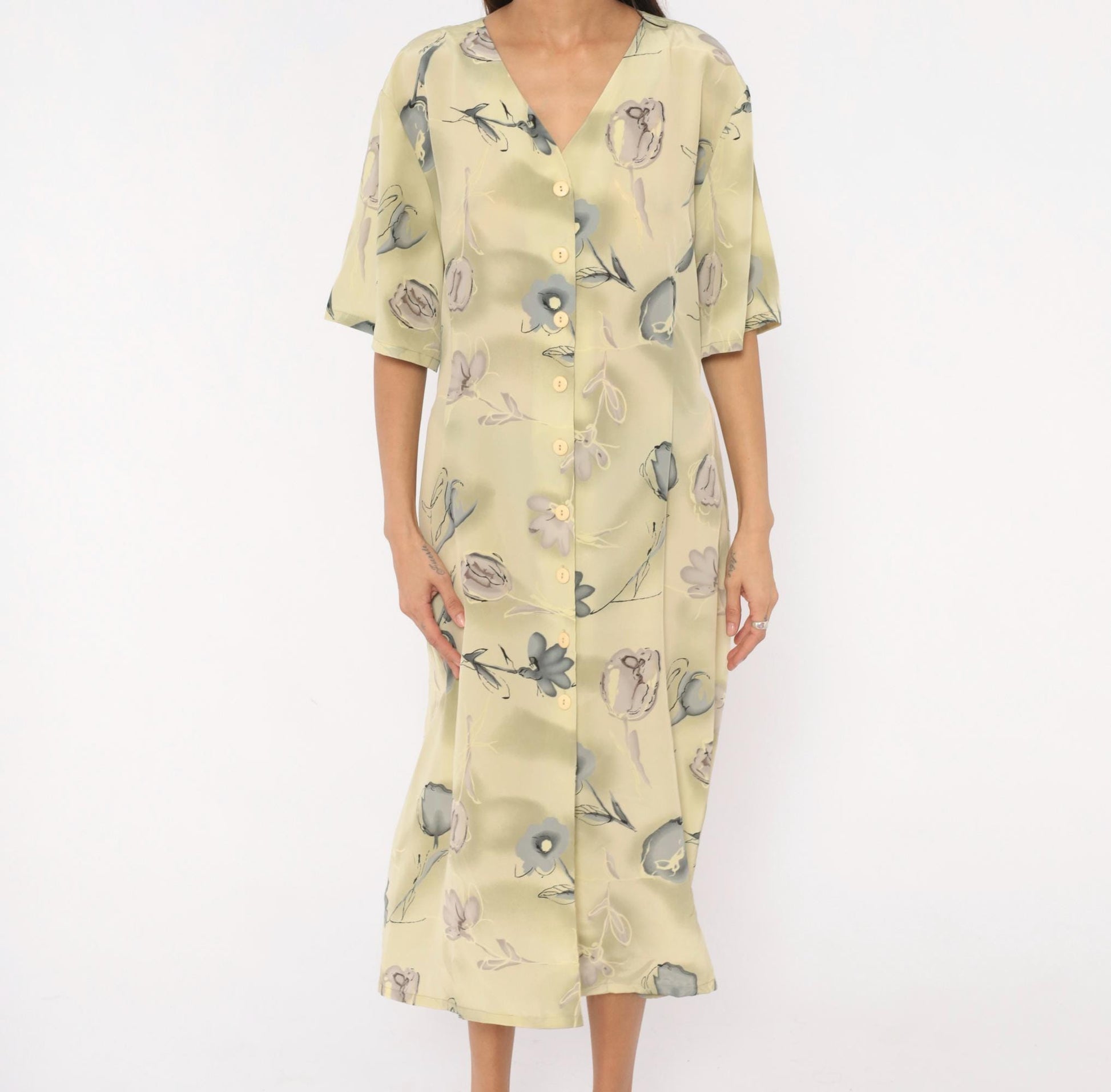 90s Voir Floral Button Front Midi Dress Olive Watercolor Print Plus Size XXL
