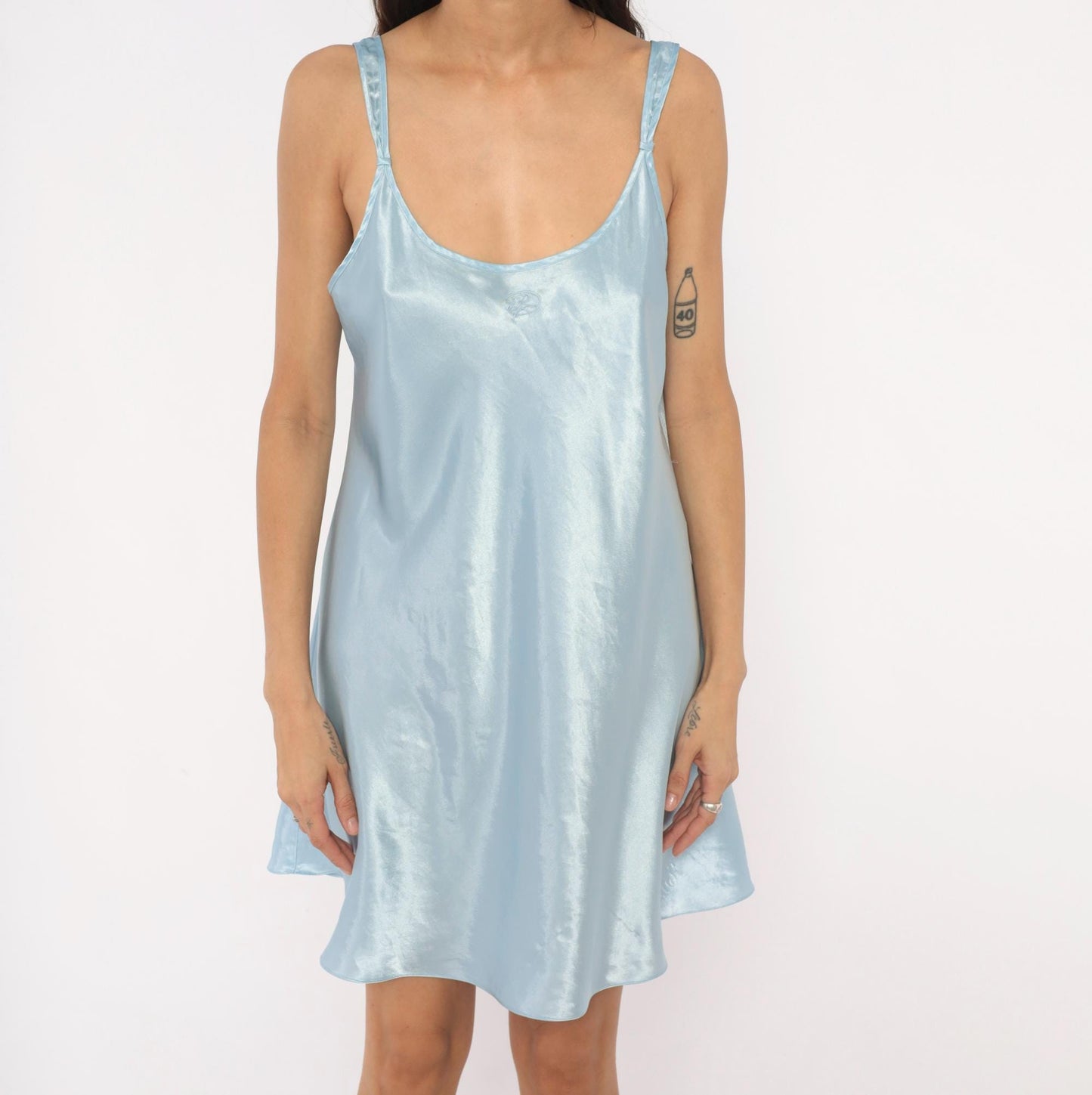 90s Oscar De La Renta Ice Blue Satin Slip Dress Mini Chemise Large L