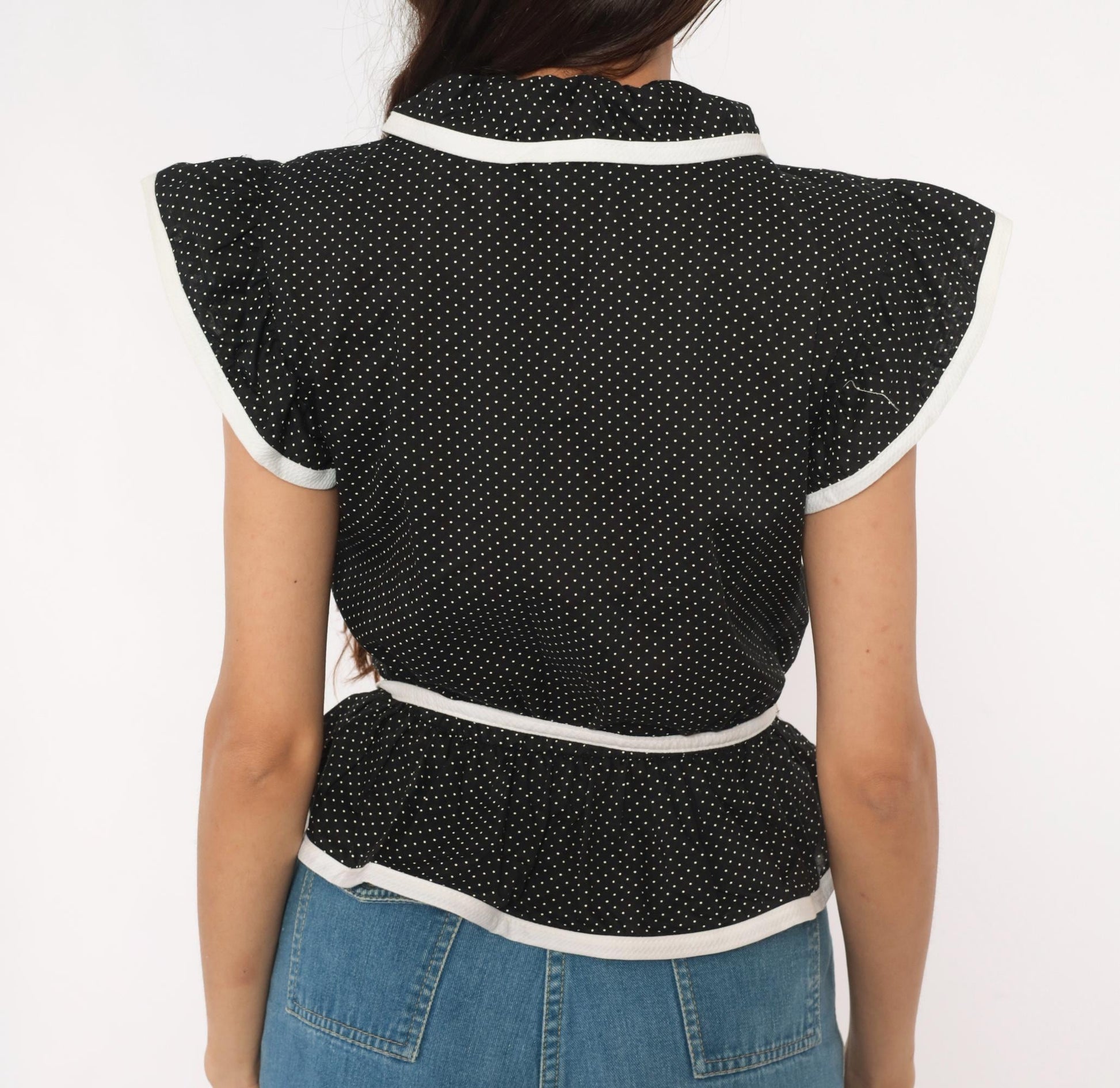 70s Caron Black White Polka Dot Peplum Blouse Flutter Sleeve Small
