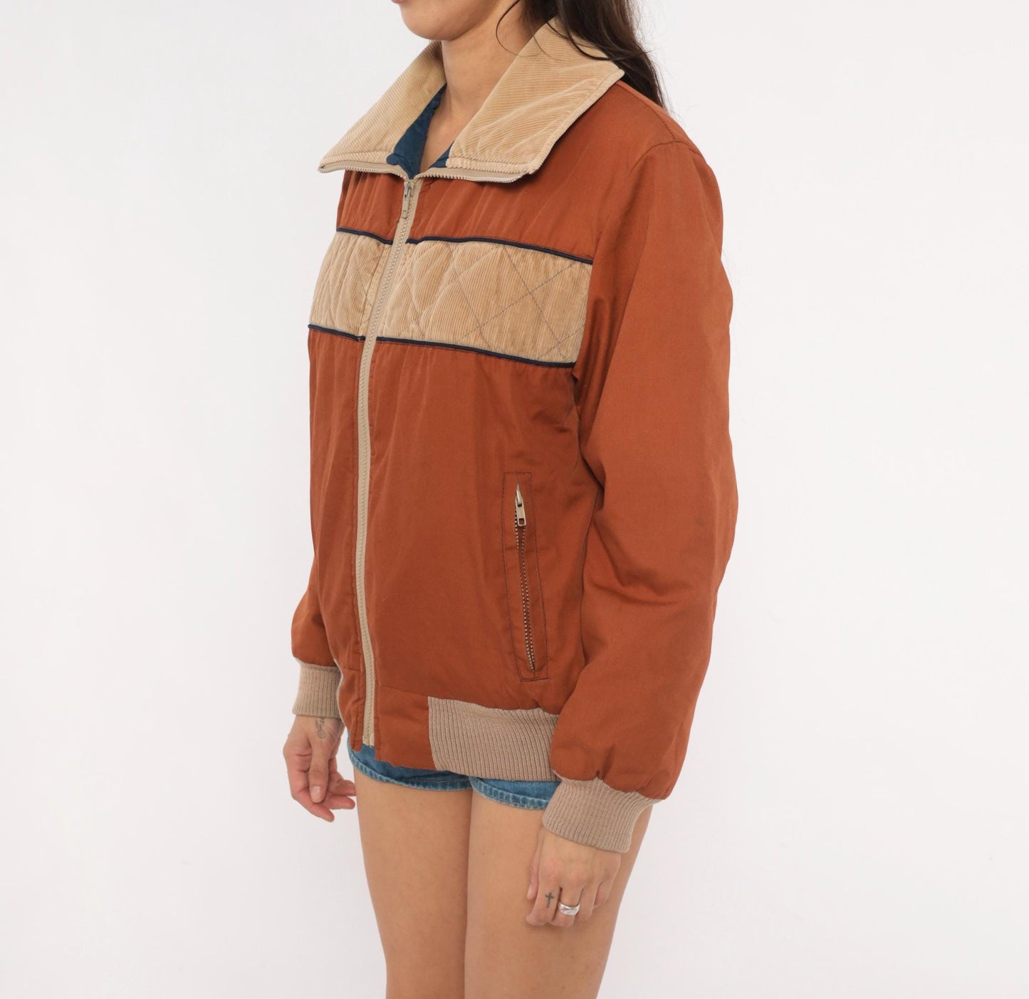 70s Golden Bay Ski Bomber Jacket Rust Brown Corduroy Color Block Small