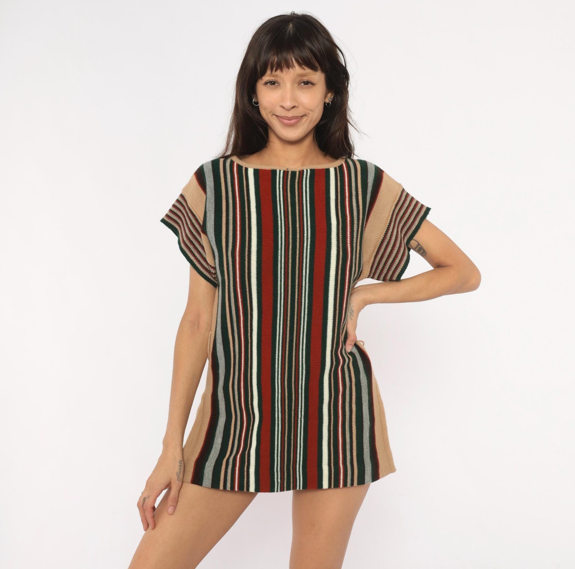 70s Exclusive Designs Striped Knit Tunic Burgundy Olive Cream Small