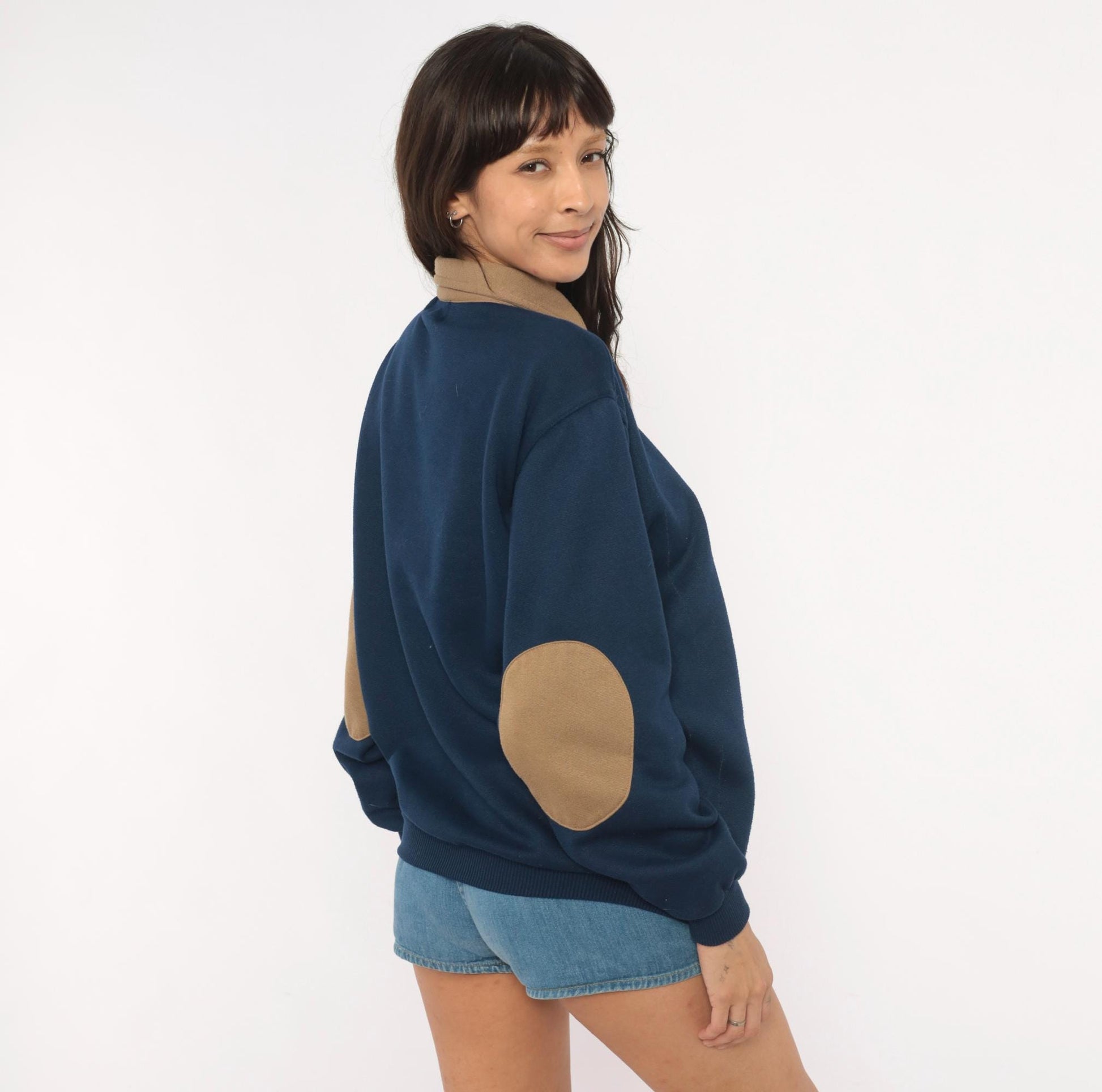 90s Scandia Woods Navy Polo Sweater Tan Elbow Patches Henley Medium M