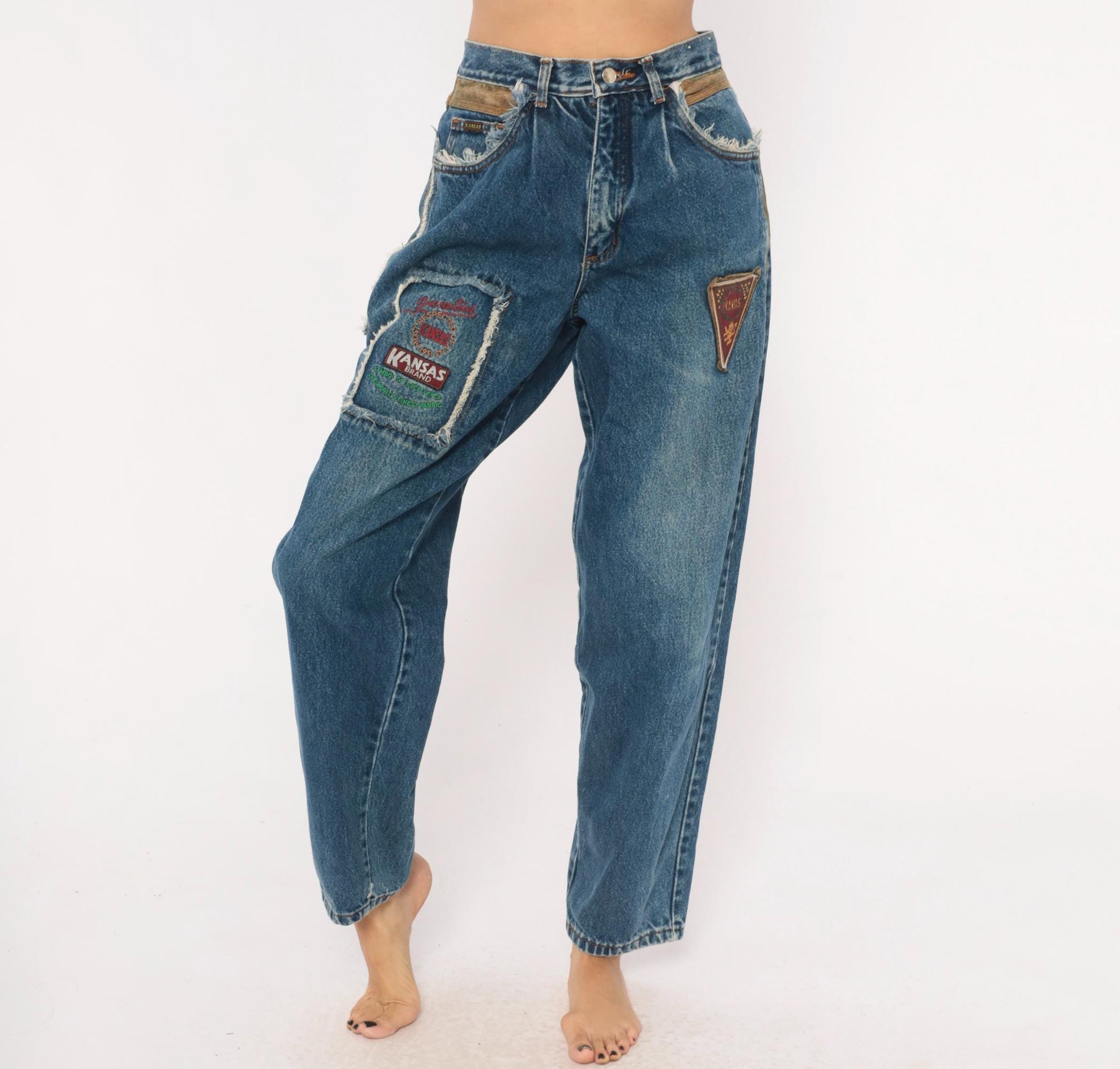 90s Kansas Brand Patchwork Denim Jeans High-Waisted Tapered Blue Suede Trim Small
