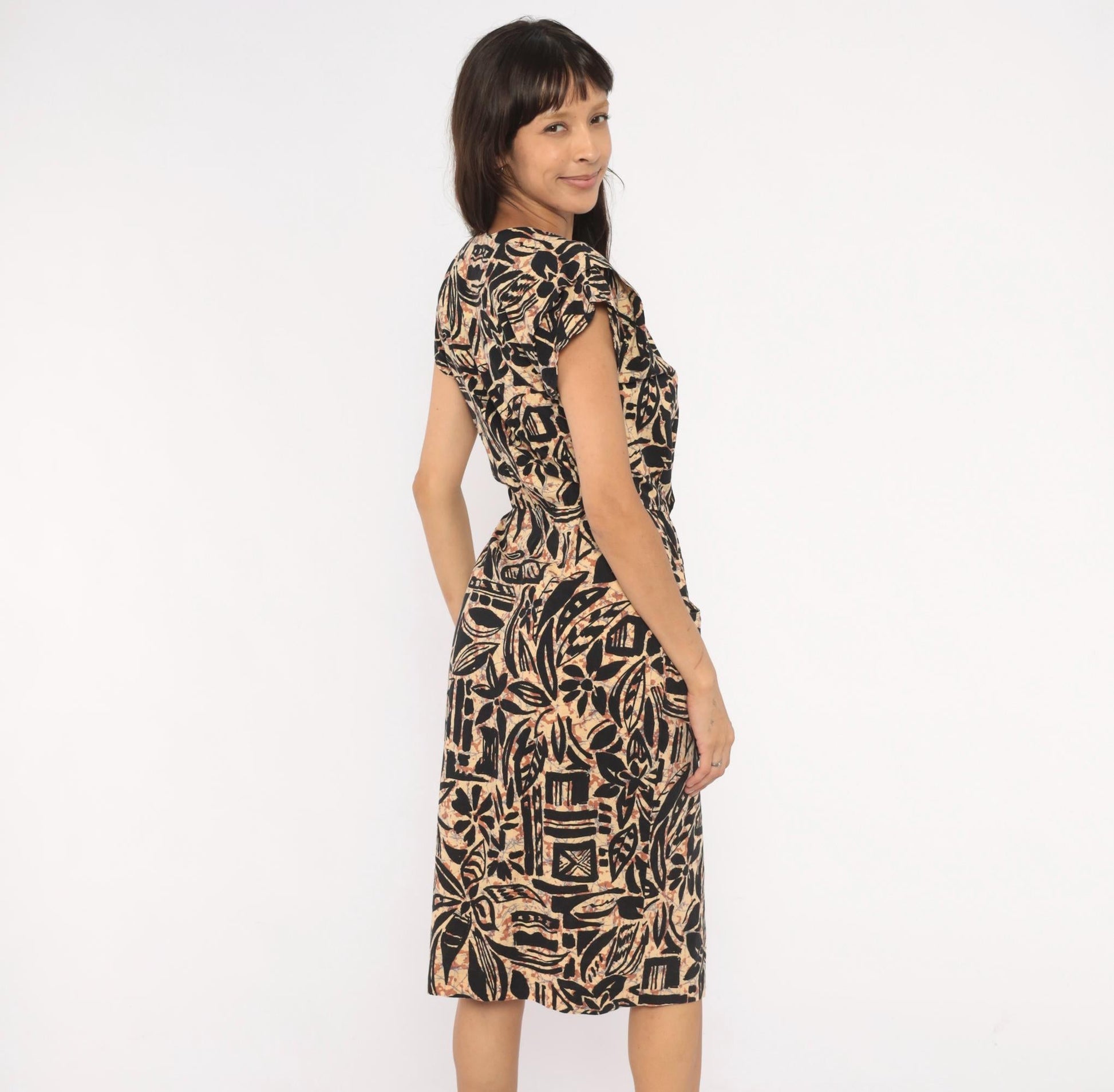 80s Tapa Print Dress Black Tan V-Neck Cotton Tropical Floral Pencil Small