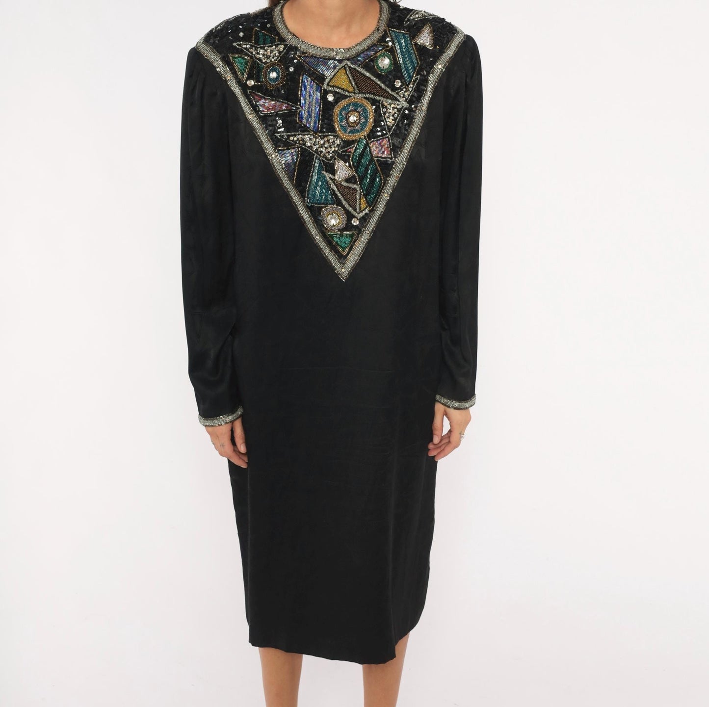 90s D'Ore Black Silk Beaded Shift Dress Geometric Sequin Bib Large L